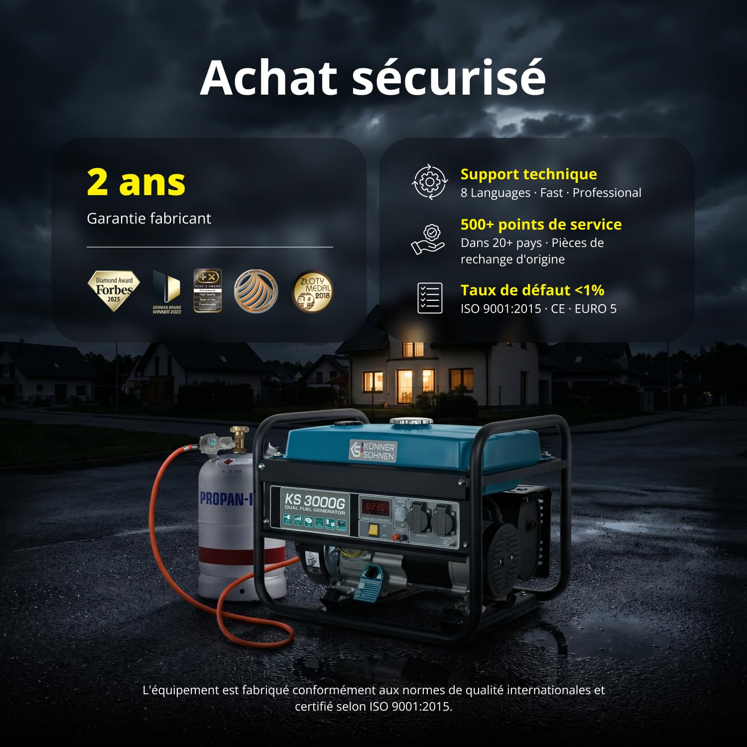 Groupe électrogène à essence KS 3000G generateur a gaz,puissance max 3000 W, 2x16A Schuko (230 V) EURO-V, régulateur de tension AVR,enroulement cuivre,generateur de courant, générateur hybride
