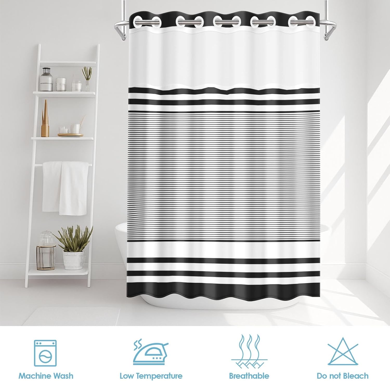 No Hook Black Stripe Shower Curtain with Snap in Fabric Liner Set, Gray Geometric Modern Double Layers Waterproof Fabric with See Through Top Window Bath Curtain 71x74 Inch