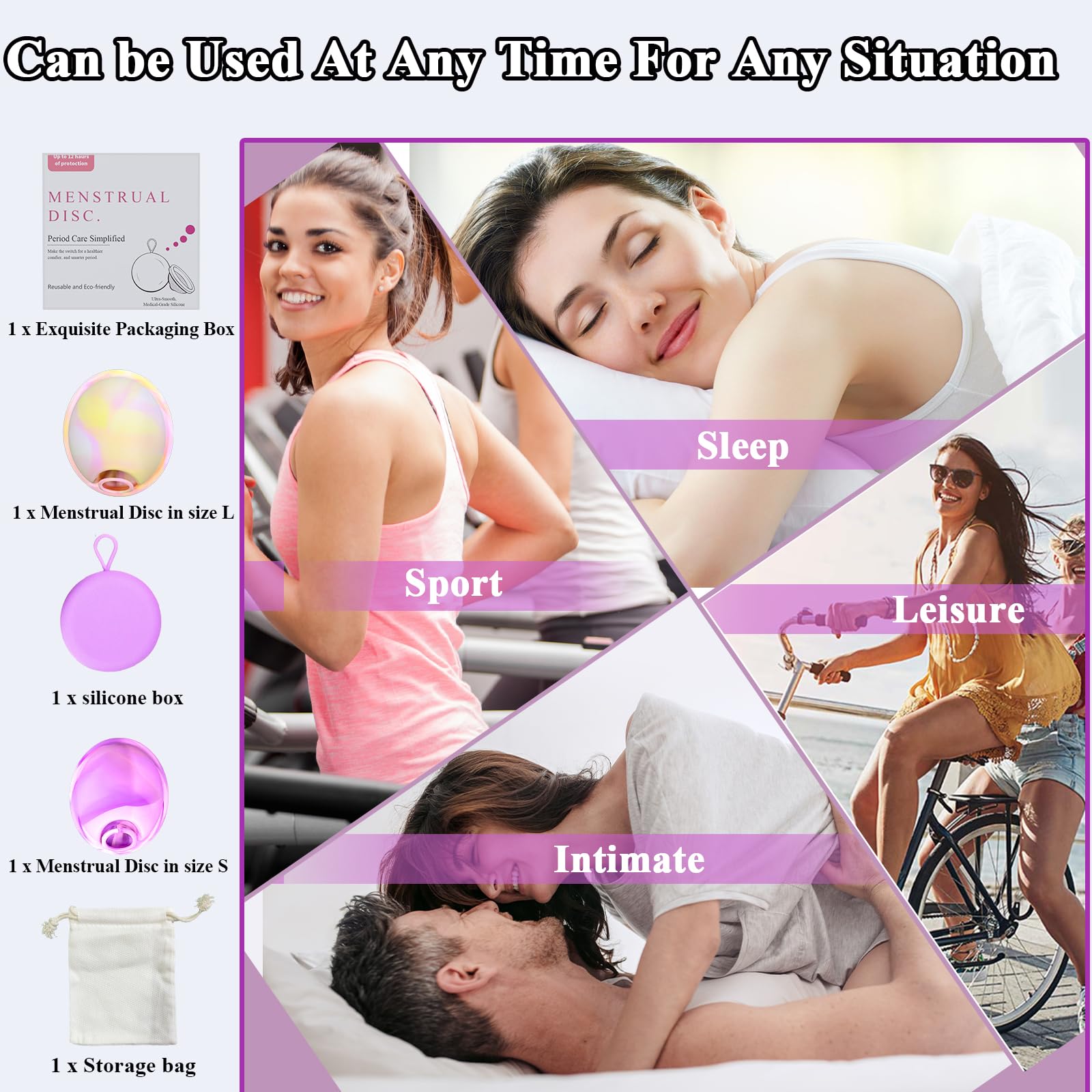 2 pezzi di disco mestruale, disco mestruale riutilizzabile, tazze mestruali a prova di perdita realizzate in silicone, per donne sport attivi, nuoto e intimità （S+L）