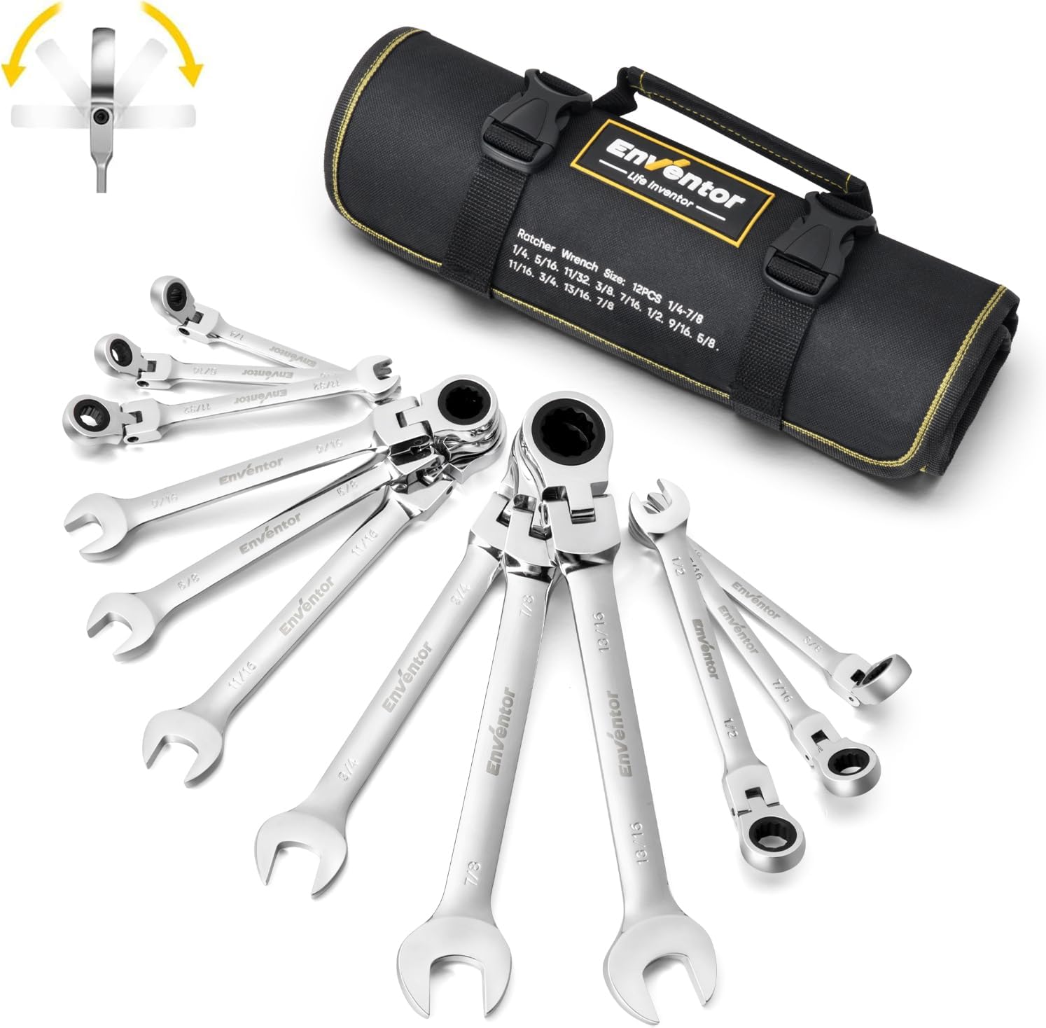 Enventor 14 Pieces Ratcheting Wrench Set, Metric 6-19mm, 180° Flex Head, CR-V Steel, 72-Teeth, 12-Point Combination Ratchet Wrenches Set with Rolling Pouch