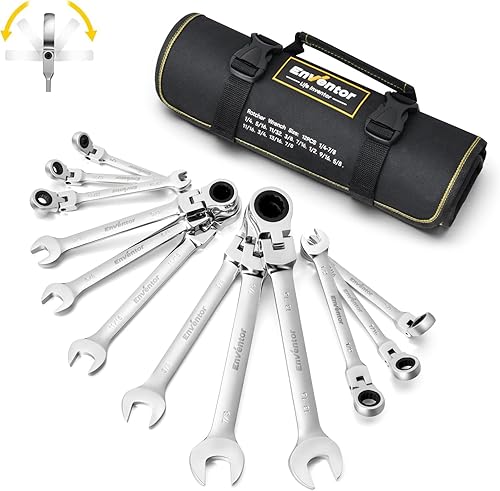 Enventor Juego de llaves de trinquete SAE de 12 piezas de 1/4-7/8", cabezal flexible de 180°, acero CRV, 72 dientes, juego de llaves de trinquete