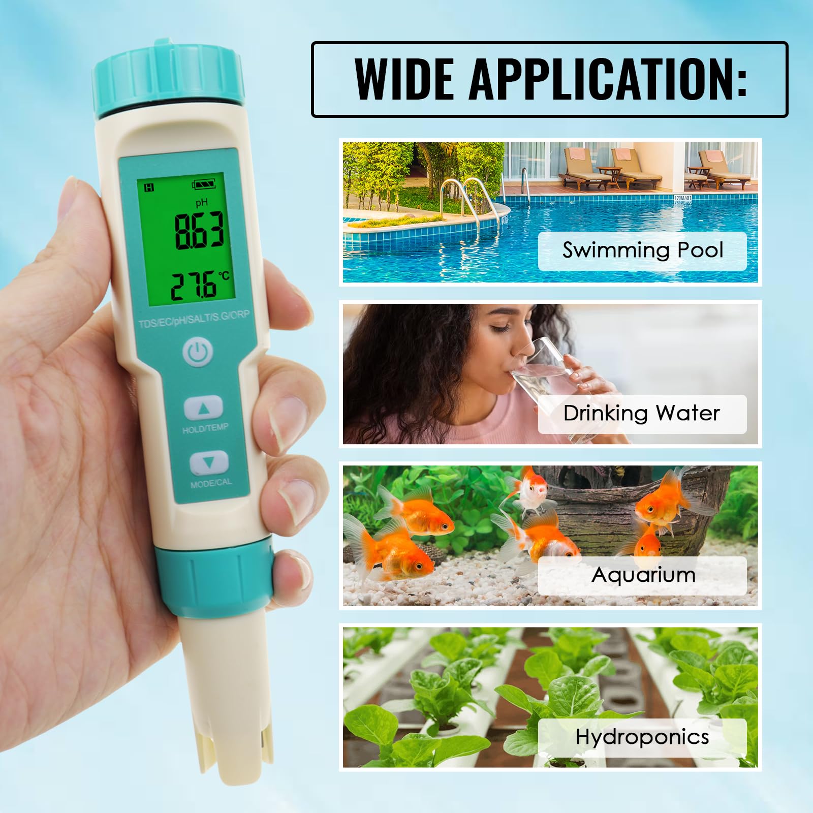 miernik pH wody: cyfrowy tester wody 7 w 1 z pomiarem pH, TDS, EC, ORP, soli, S.G i temperatury, tester pH w kształcie długopisu, miernik ppm z buforem pH, idealny do wody pitnej, basenów,