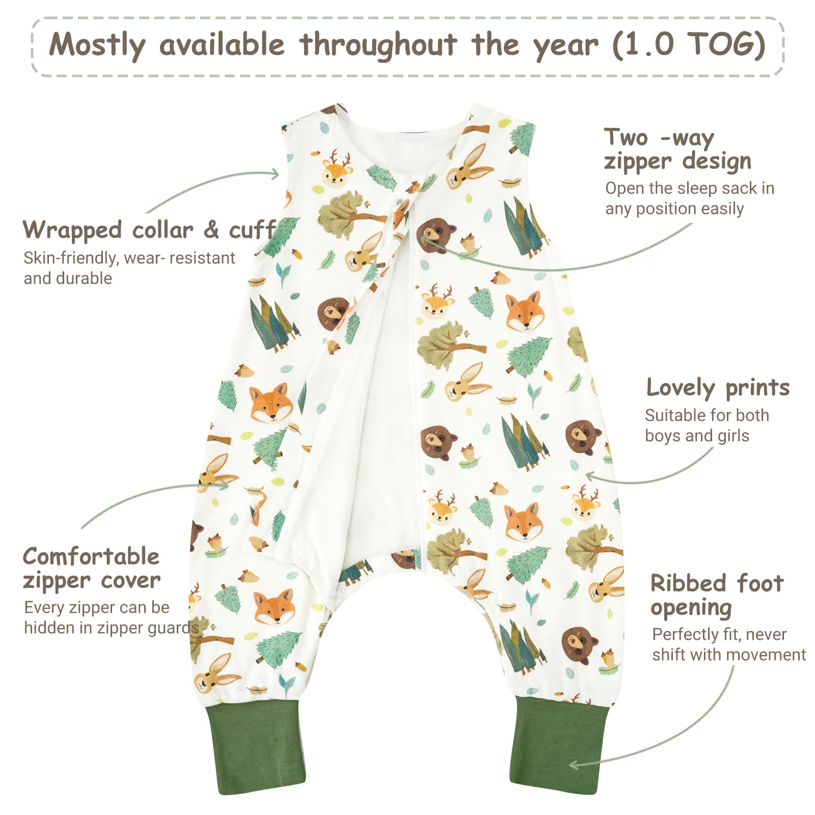 WYTbaby Sacco Nanna Con Piedini 1.0 Tog,100% Cotone Sacco Nanna Primaverile Per Ragazze e Ragazzi, Animali Della Foresta + Verde Chiaro(2 Pezzi)