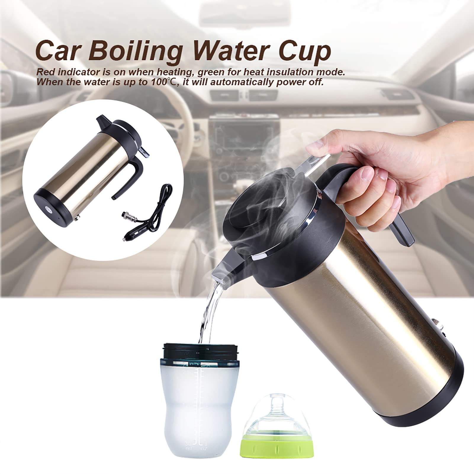 Taza Calefactora para Coche de 12 V, Taza de Viaje para Calefacción de Coche de 850 Ml, Taza de Café Eléctrica de Viaje Portátil de Acero Inoxidable, Calentador de Agua Antideslizante