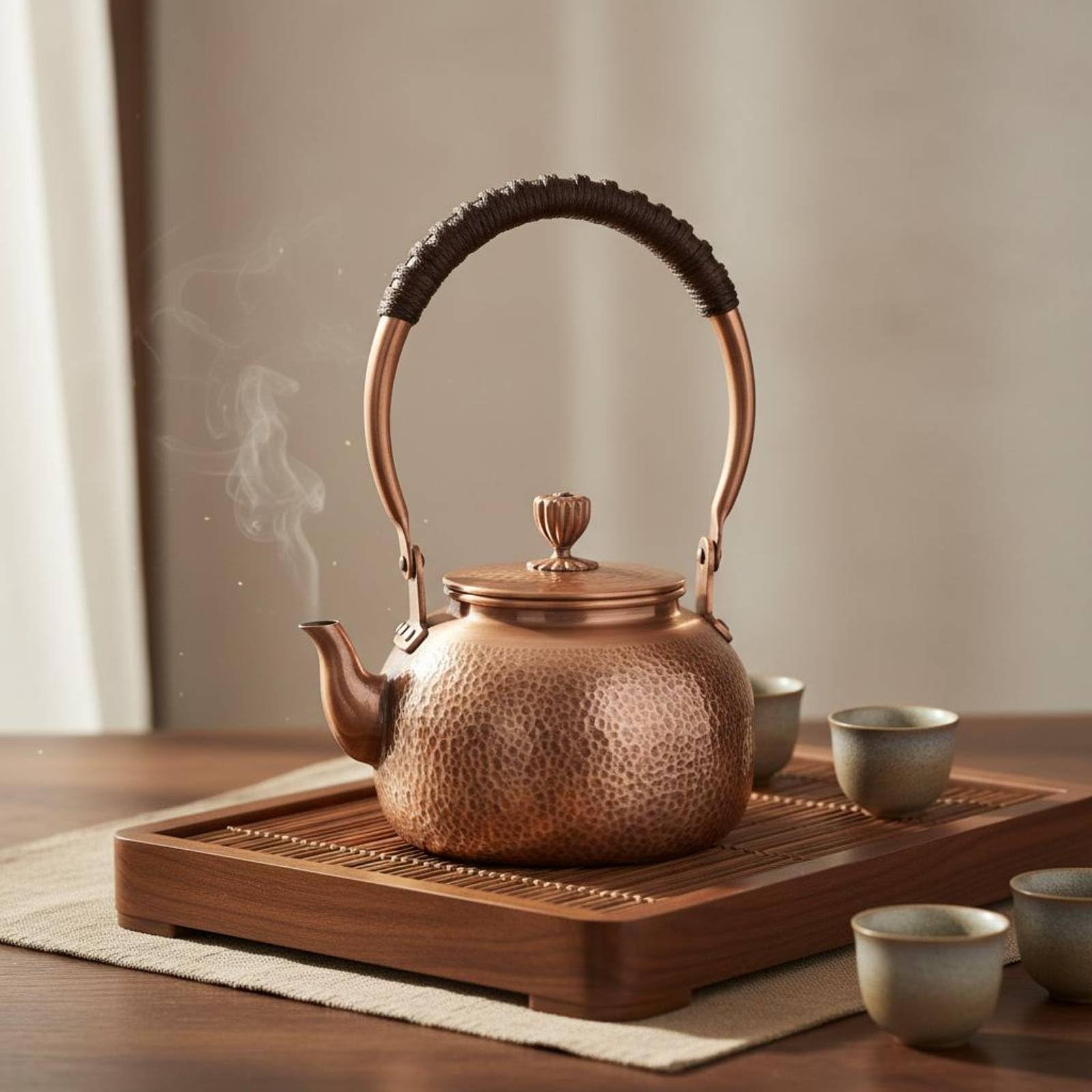 Teiera in Rame Artigianale Tradizionale Pentola Manico Termoresistente Fondo Spesso per Distribuzione Calore Bollitura Acqua Infusione Tè Adatta per Arredamento Casa Collezionismo, Cw06c1