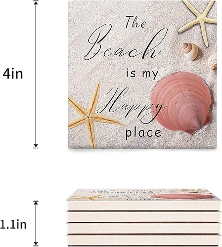Miniatura 4 de Coasters Set of 6 Ceramic Stone Coasters Drink Coasters, The Beach is My Happy Place Summer Seaside Absorbent Non Slip Decorative Coasters for