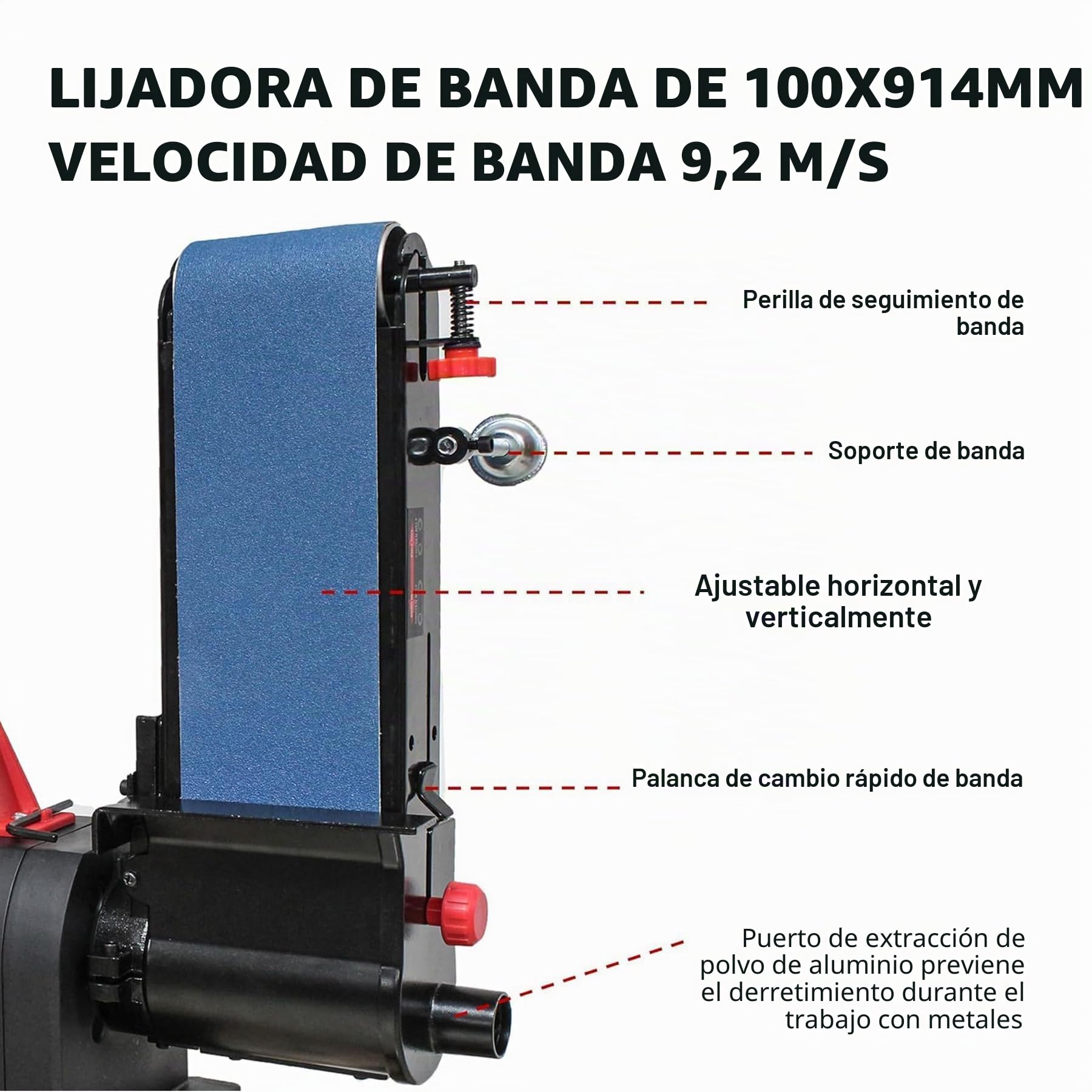 BUCKTOOL Lijadora de banda para metal, lijadora de banco de 700 W, 100 x 914 mm, disco de 200 mm | Motor de accionamiento directo y ángulo de lijado ajustable para desbarbado, moldeado, acabado y taller de metalurgia