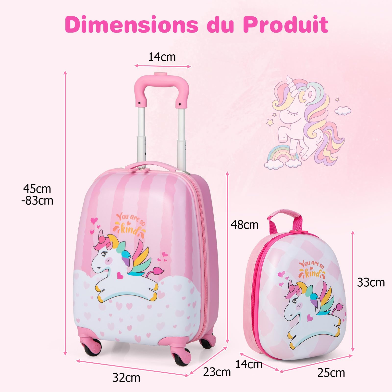 DREAMADE Valise Enfant 16" et Sac à Dos 12", Bagage à Main Rosé pour Enfants Filles, Cabine Enfant avec Motif Licorne, Valise Enfant Roulette avec 4 Roues Pivotante à 360°en Dessin(Licorne)