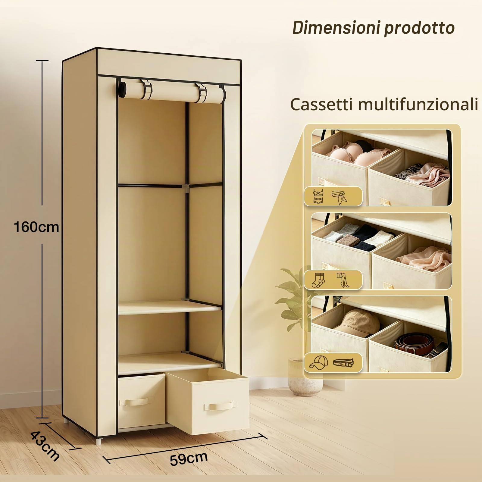 Hododou, Armadio in tela singolo, con 2 cassetti e asta appendiabiti, pieghevole e portatile, per conservare abiti, borse, giocattoli, scarpe, per soggiorno e camera da letto, 160 x 59 x 43 cm (beige)