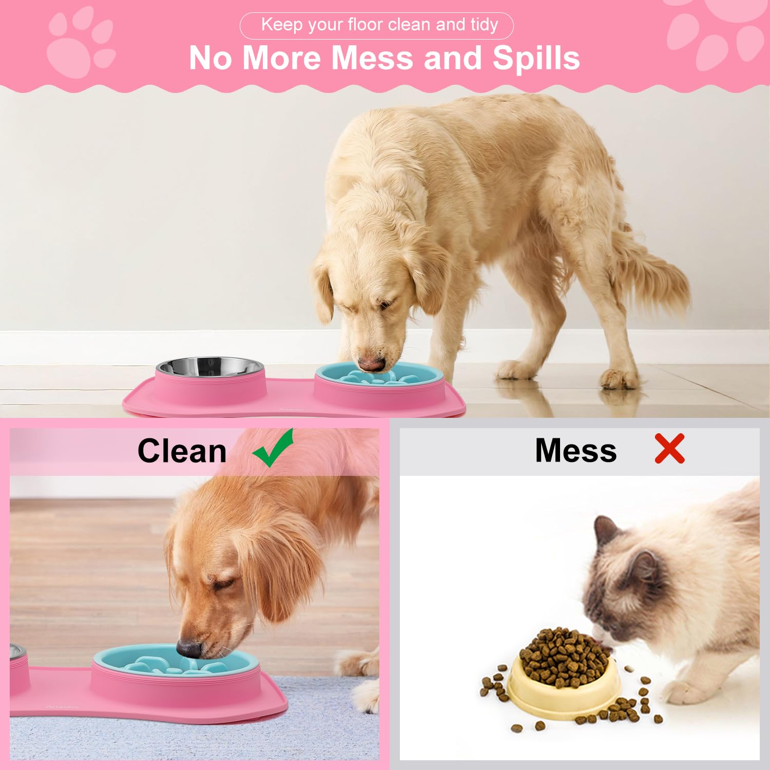 Anipaw Cuencos de alimentación lenta 3 en 1 de acero inoxidable para perros y agua con alfombrilla de silicona antideslizante antiderrames para ralentizar la alimentación para perros y gatos grandes,