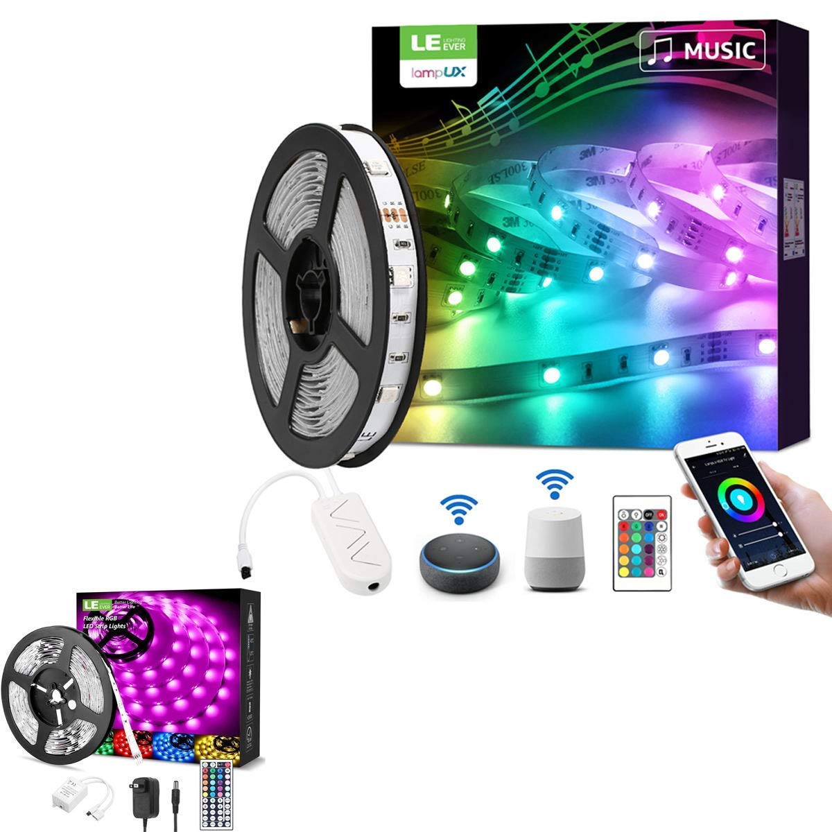 Amazon.com: LE Bundle - 2 Items: 16.4ft RGB LED Strip Lights with Remote  and WiFi Smart LED Strip Lights Work with Alexa/Google Home, Suitable for  Bedroom, Home, Kitchen, TV and Mirror :