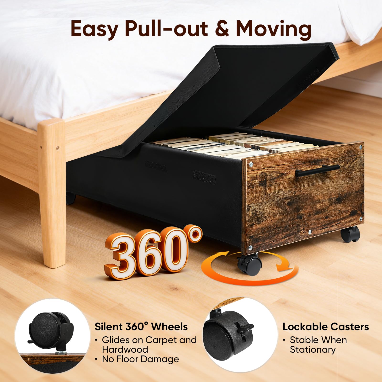 2er Set 70L Unterbett Aufbewahrungsbox mit Deckel, Unterbettkommode mit Rollen, Holz & Metallrahmen, Bettkasten Aufbewahrung für Kleidung, Schuhe, Spielzeug und Decken 75x42x27,5cm