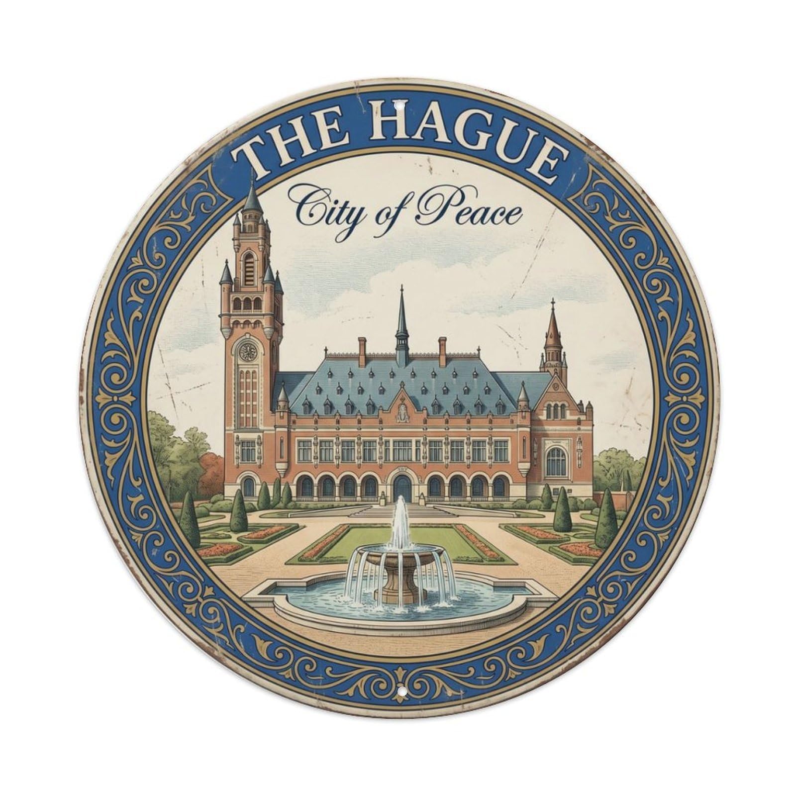 Gtthok Vintage Style-13 Vintage Travel Hague Peace Palace Metal Tin Sign Plaque Wall Decor For Cafe, Club, Garden Round Metal Poster 8X8inch