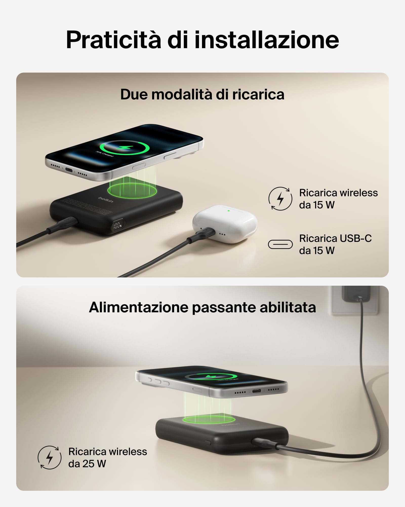 Belkin BoostCharge Power Bank Magnetico 5000mAh con Supporto - Nero | Caricatore Portatile 5000mAh Wireless, Anello Magnetico, Porta USB-C, Pre-Caricato, Cavo Incluso, Sicuro per l'Aereo