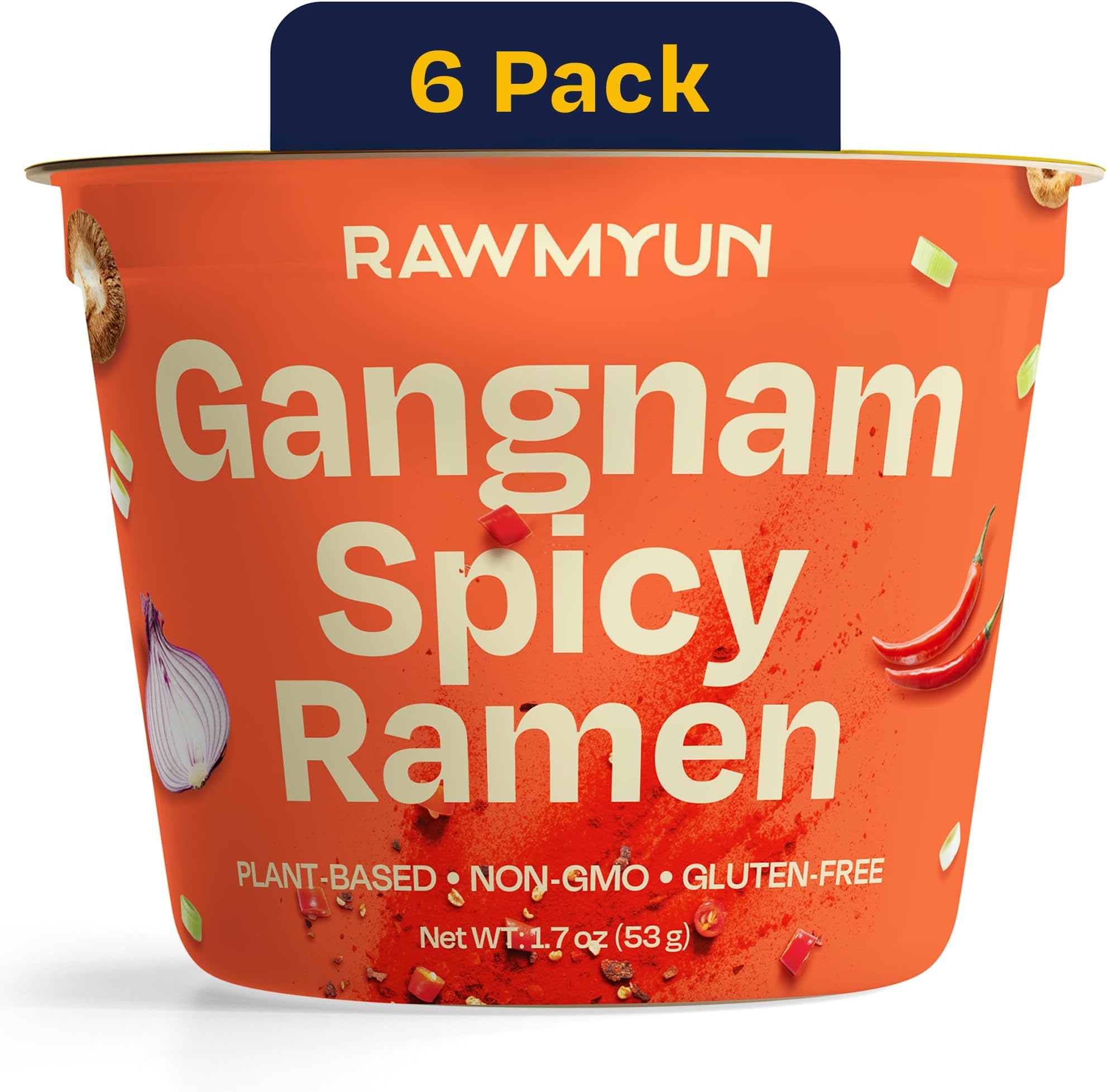 RAWMYUN Gluten Free Healthy Korean Ramen Vegan Superfood Clean Ingredients Plant-Based Cup Noodles made with Organic Rice Noodles Instant Soup | No MSG, Non-GMO, Real Ingredients (6 Gangnam Spicy)