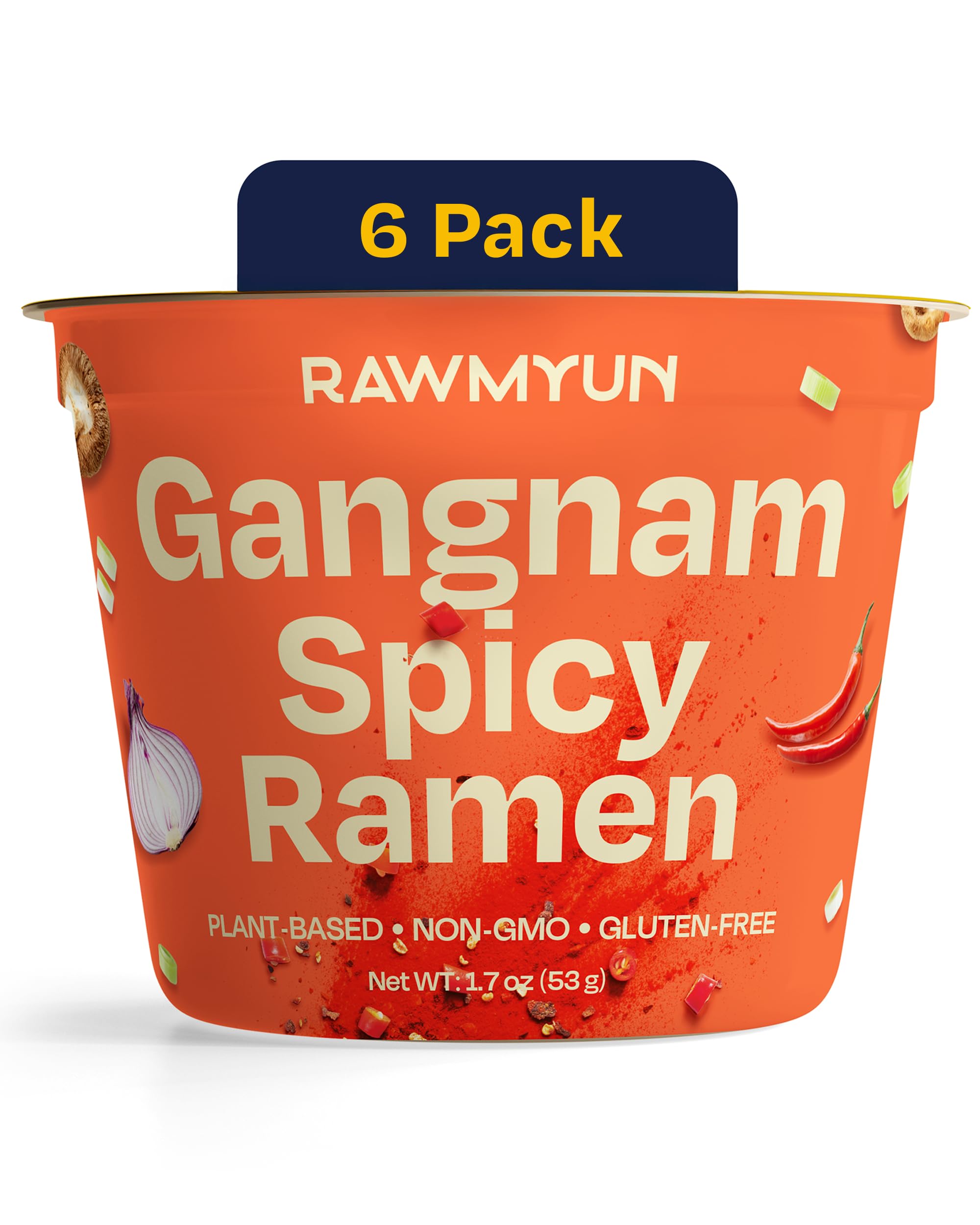 RAWMYUN Gluten Free Healthy Korean Ramen Vegan Superfood Clean Ingredients Plant-Based Cup Noodles made with Organic Rice Noodles Instant Soup | No MSG, Non-GMO, Real Ingredients (6 Gangnam Spicy)