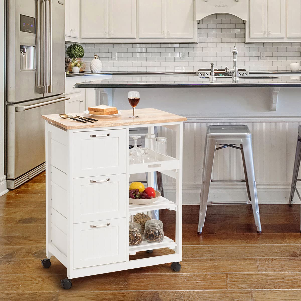 COSTWAY Kitchen Island Cart, Rolling Storage Trolley with 3 Drawers