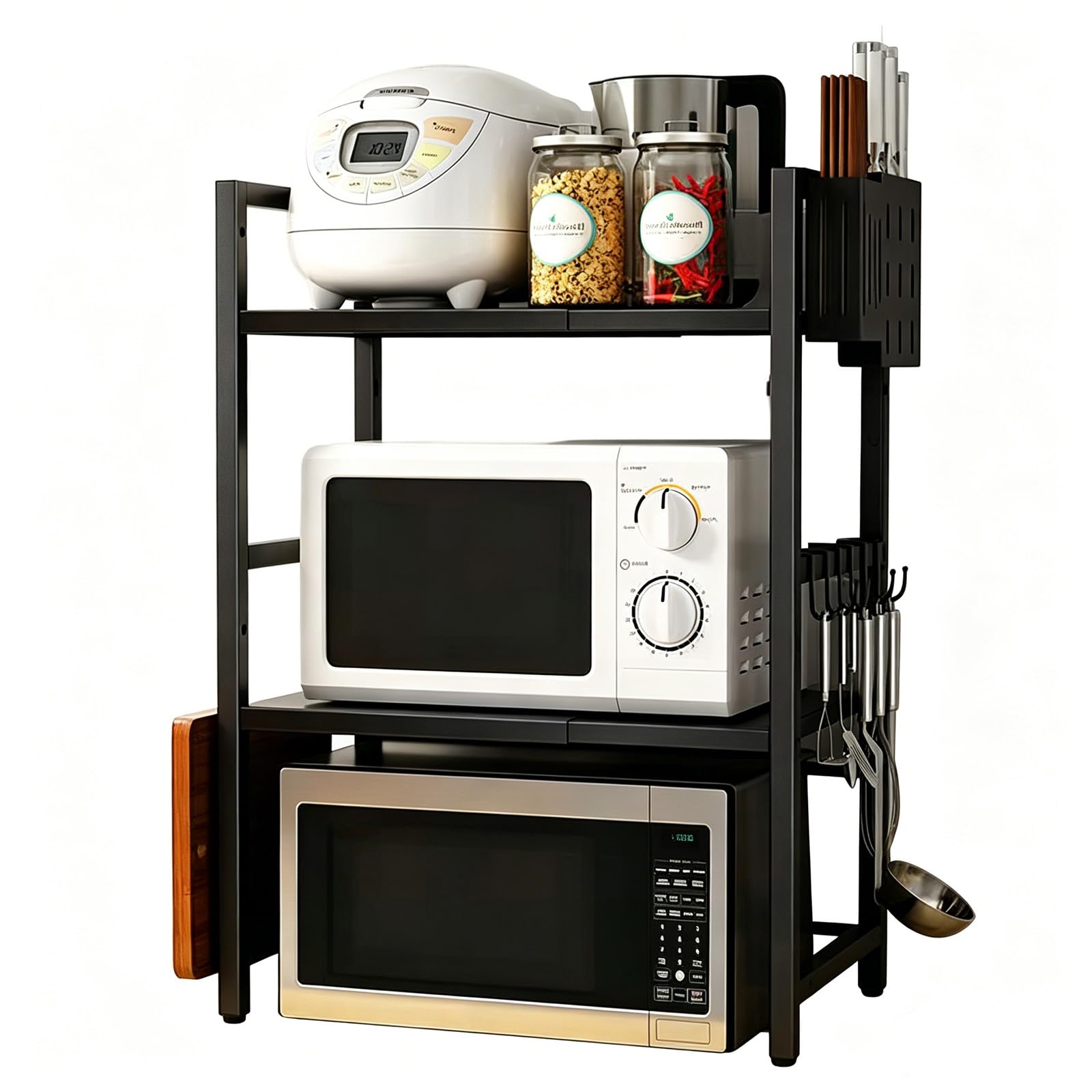 Estante Microondas 3 Niveles Extensible, Soporte Microondas Encimera Cocina con 4 Ganchos, Estantería Microondas Acero Carbono Ajustable 40-64cm, Organizador Cocina Ahorra Espacio, Negro