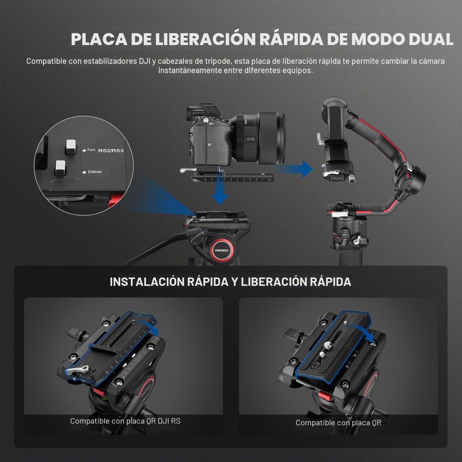 NEEWER Monopod para cámara de 71,6 pulgadas, monopié telescópico de fibra de carbono con placa de liberación rápida, para DJI RS Gimbals, base extraíble para cámara de vídeo, carga máxima de