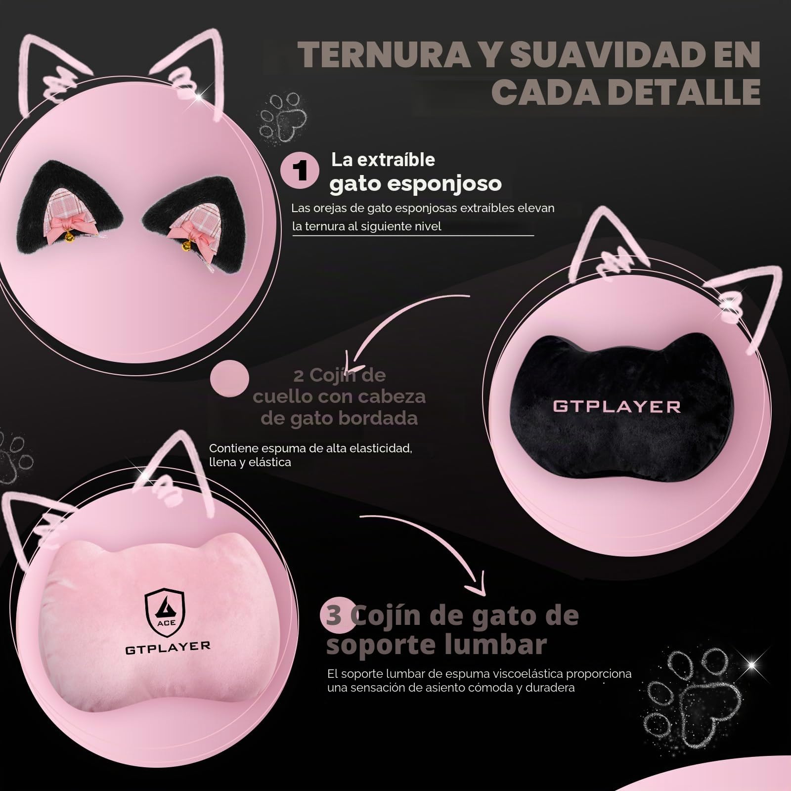 GTPLAYER Linda Silla de Gaming con Tela de Terciopelo, Silla de Gaming, Silla ergonómica de Oficina, Silla Gamer, con Orejas de Gato, Espuma viscoelástica y reposapiés, 150 kg, Color Rosa