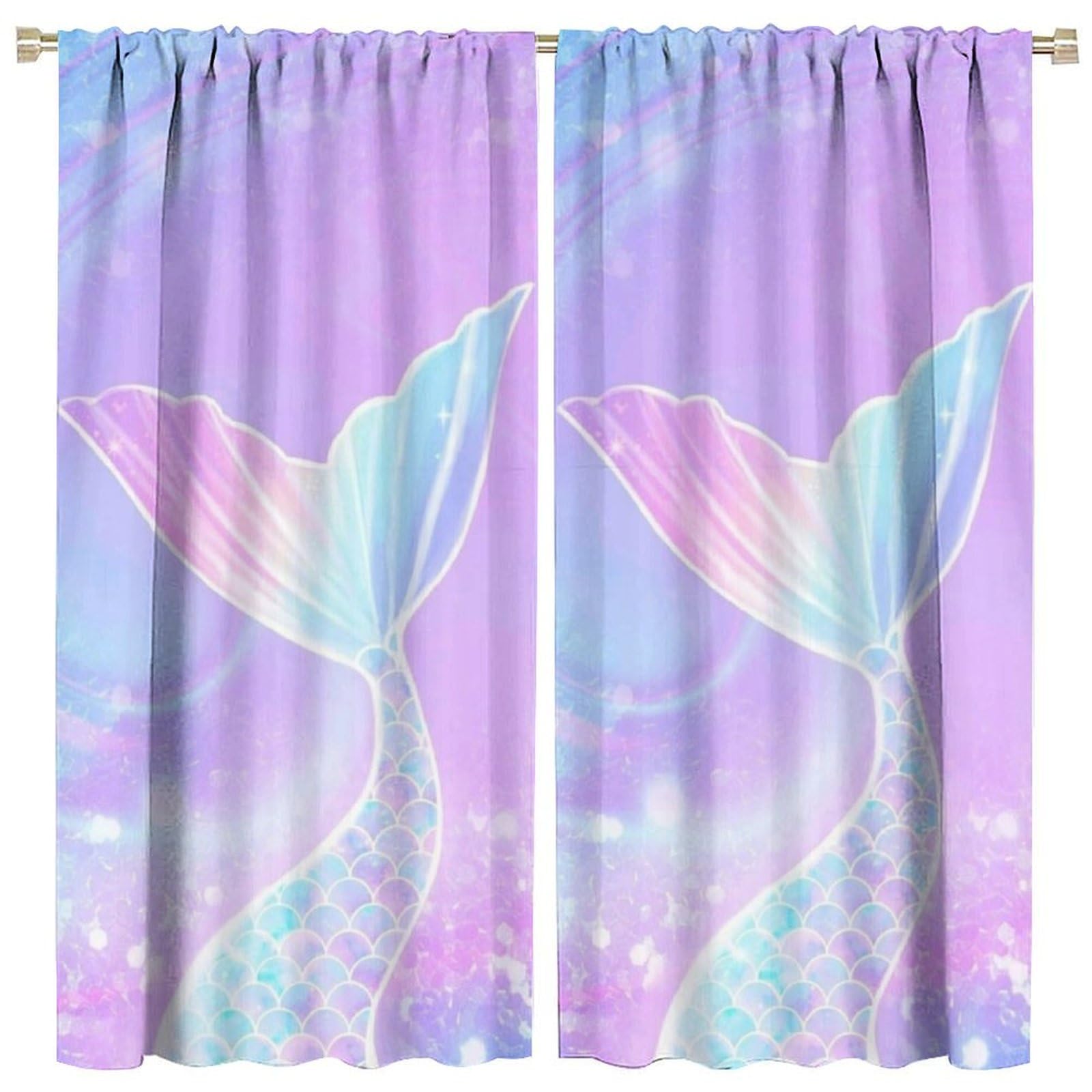 FEIRIVERDU Mermaid Curtains, 21"W x 44.8"L (Pack of 2), Blackout, Lined, Pocket Top, Rod Pocket, Indoor, Bedroom, Kitchen, Nursery Room, Office,