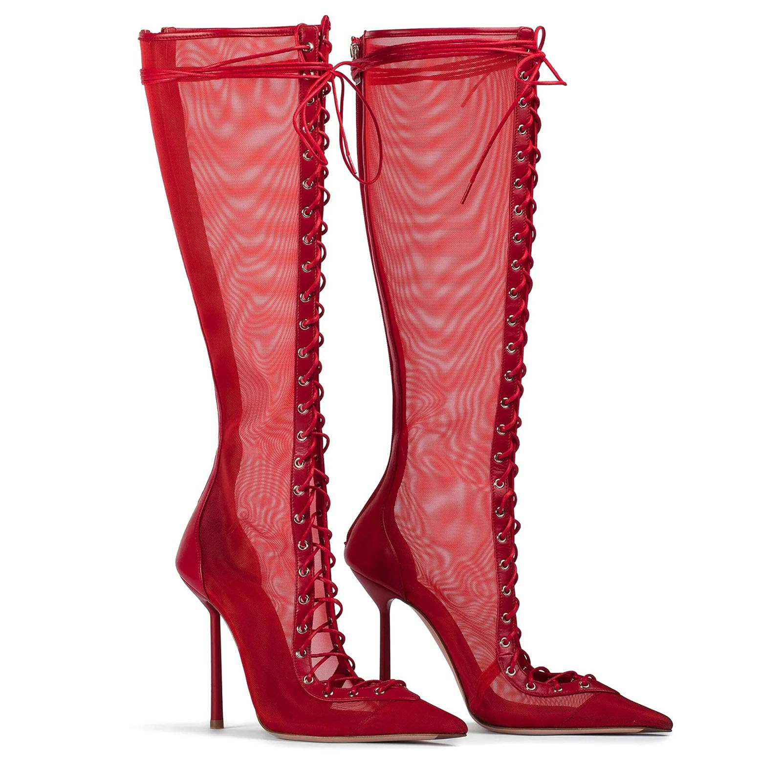 Lace-Up Knee High Boots for Women Closed Pointed Stiletto High Heels Wide Calf Boots Sexy Stripper Dress Shoes