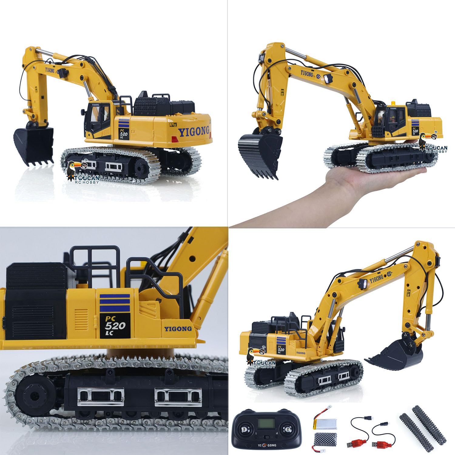TOUCAN RC HOBBY 1/50 RC escavatore PC520, hub elettrico, controllo radio, escavatore, veicolo tecnico, catene metalliche, luci, suono, piccola collezione