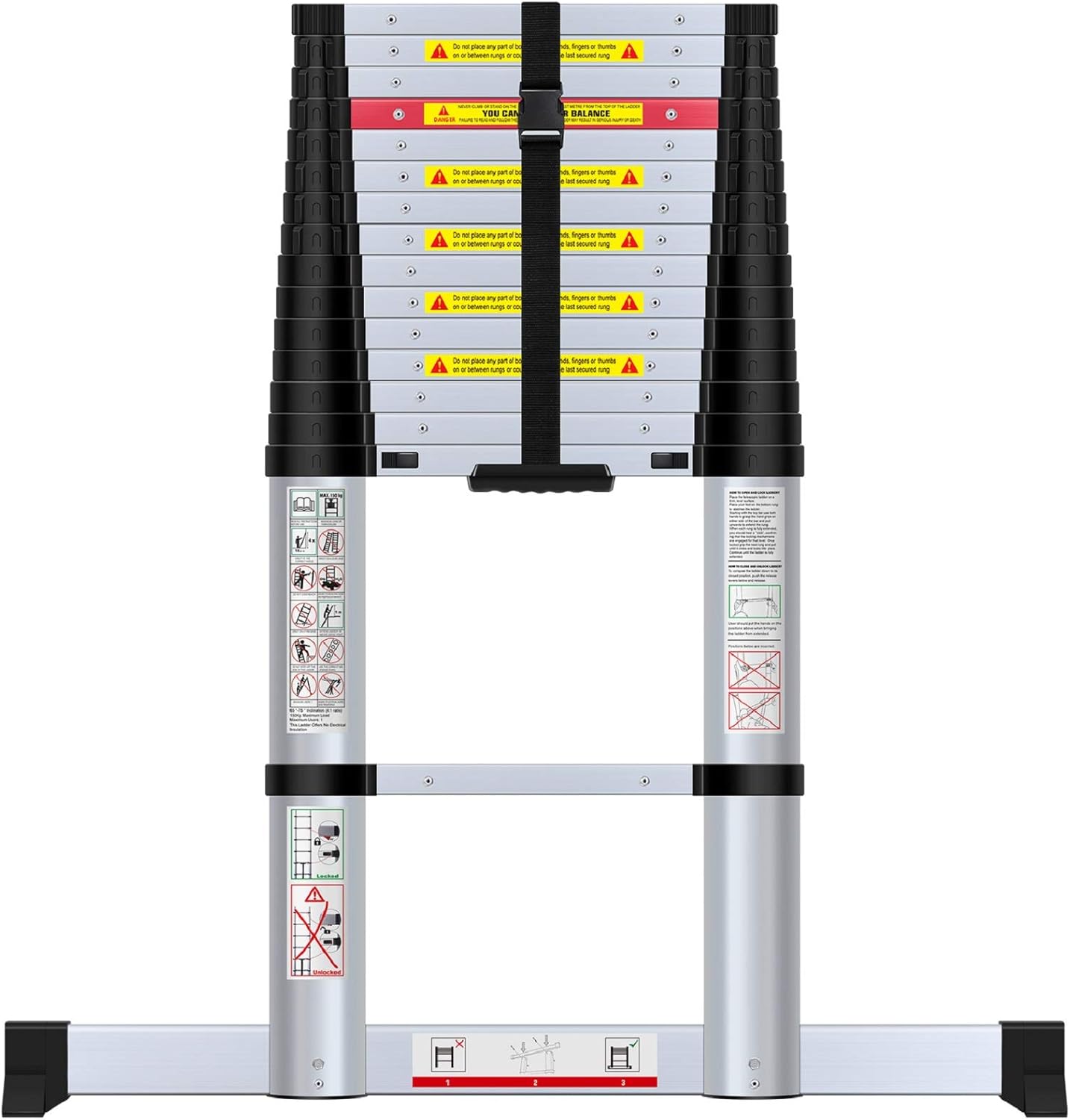 WolfWise 15.5FT Aluminum Telescoping Ladder with Stabilizer, Telescopic Extension Ladder 330 Pounds Capacity - - 