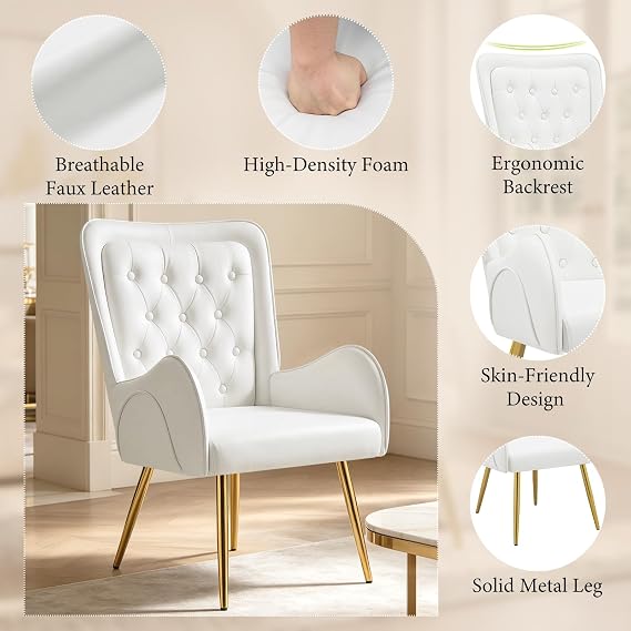 Hellove Armchair with Double Back, Faux Leather Accent Vanity Chair with Gold Metal Legs, Tufted Button Wingback Armchair for Living Room, Comfy High Back Reading Chair for Bedroom, Home Office,White
