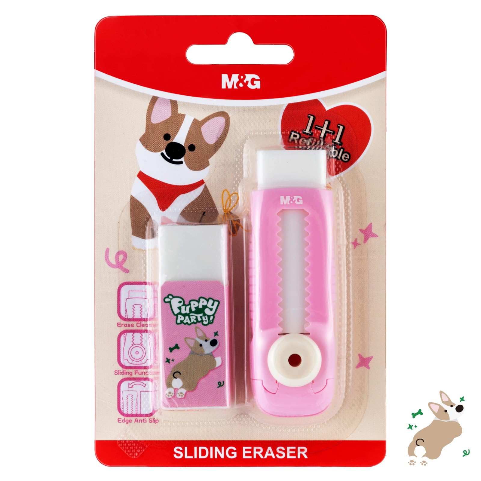 M&amp;G 1+1 Pack Pink Sliding Retractable Cute Eraser Set, Refillable Soft Large Rubber Eraser with Sleeve for Kids Students School Office Supplies