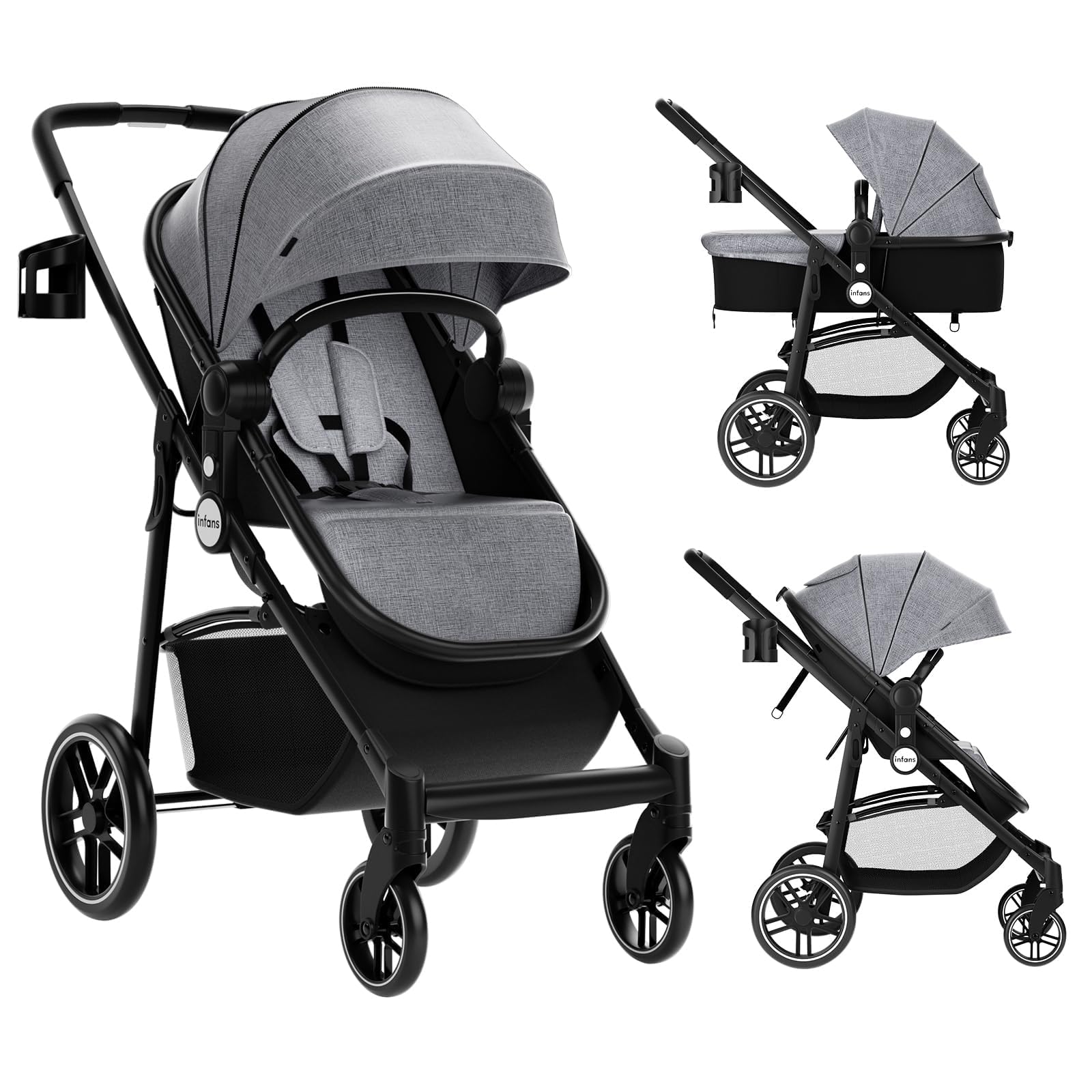 COSTWAY 2 in 1 Kinderwagen mit umkehrbarem Sitz faltbar, Kombikinderwagen mit Liegefunktion, verstellbarer Rückenlehne & Sonnenschutz, Reisebuggy tragbar, Reisesystem für Baby bis 3 Jahren (Grau)