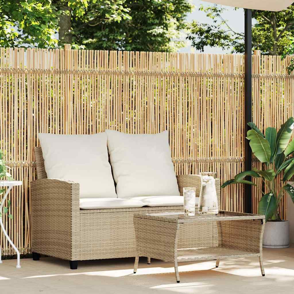 vidaXL Divano Giardino 2 Posti con Cuscini e Tavolo Beige Polyrattan, Divano da Esterno, divanetto da Giardino, Divano da Giardino a Due posti