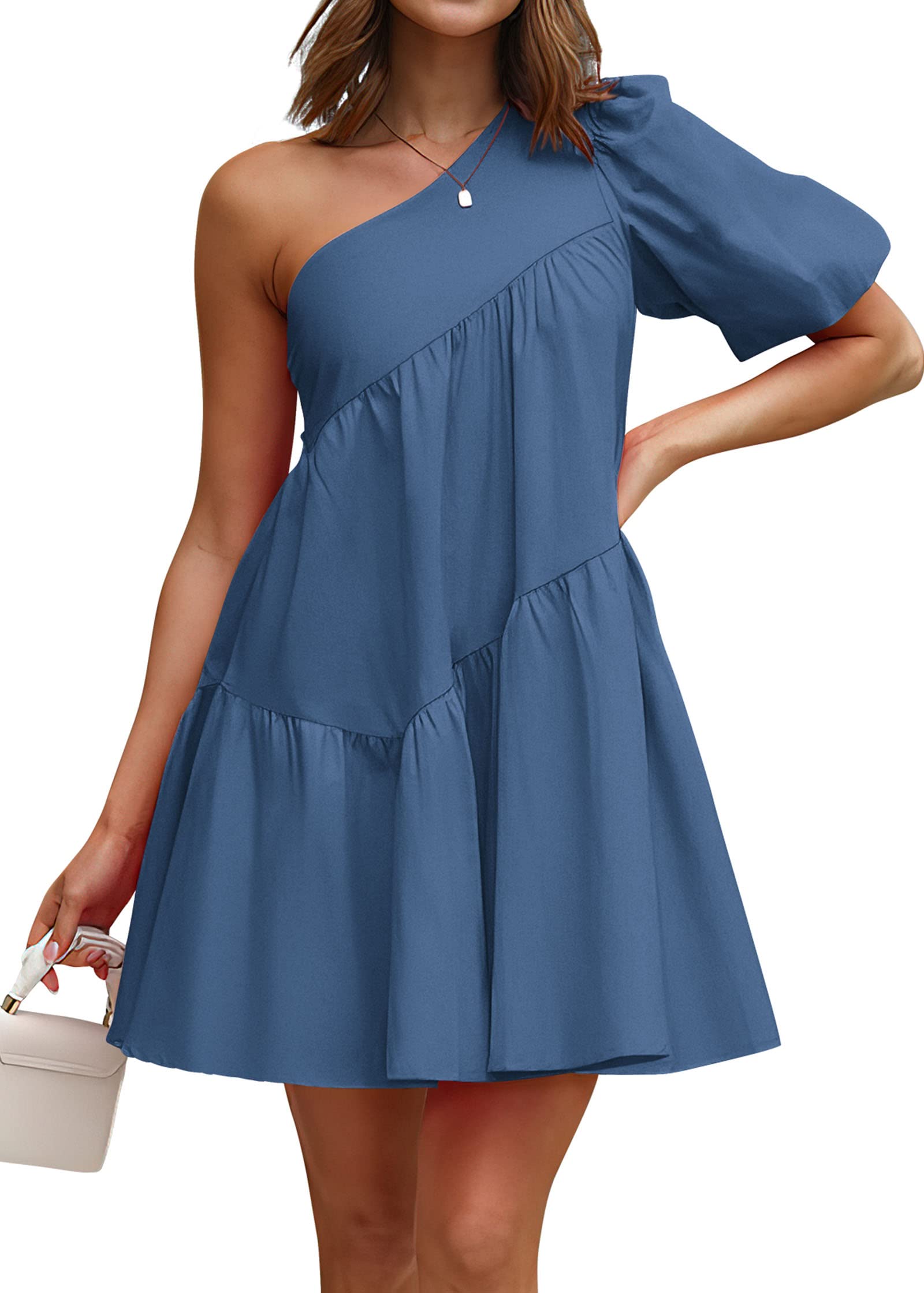 KIRUNDO Womens 2023 Summer Casual One Shoulder Mini Babydoll Dress Puff Sleeve Loose Tiered A Line Flowy Short Dresses