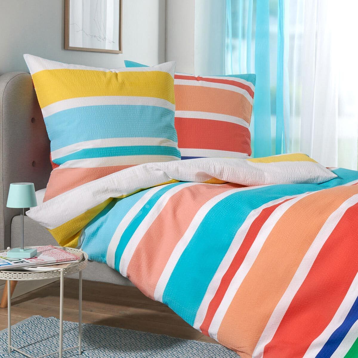 Traumschlaf Seersucker Bettwäsche bunt – Farbenfrohes Design für frische Sommernächte – Luftig, bügelfrei & atmungsaktiv – Baumwoll Bettwäsche – Leicht & komfortabel - 155x220 cm + 80x80 cm