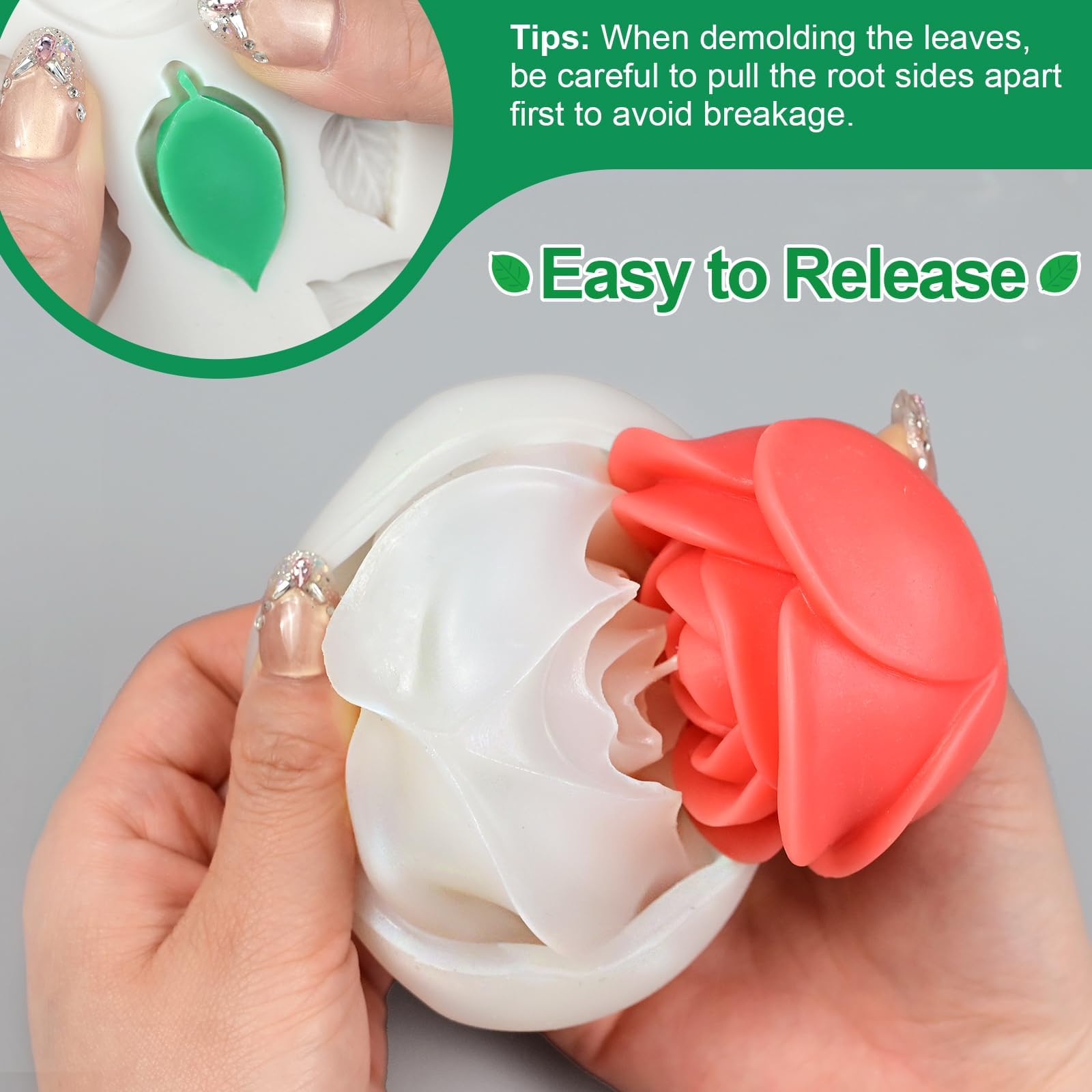 Set Stampi in Silicone per Candele Rosa 3D, 4 Pezzi con in Silicone Fiori Grandi, Medi e Piccoli + Stampo Foglie, Stampi per Candele, Resina, Cera, Stampo Fiori e