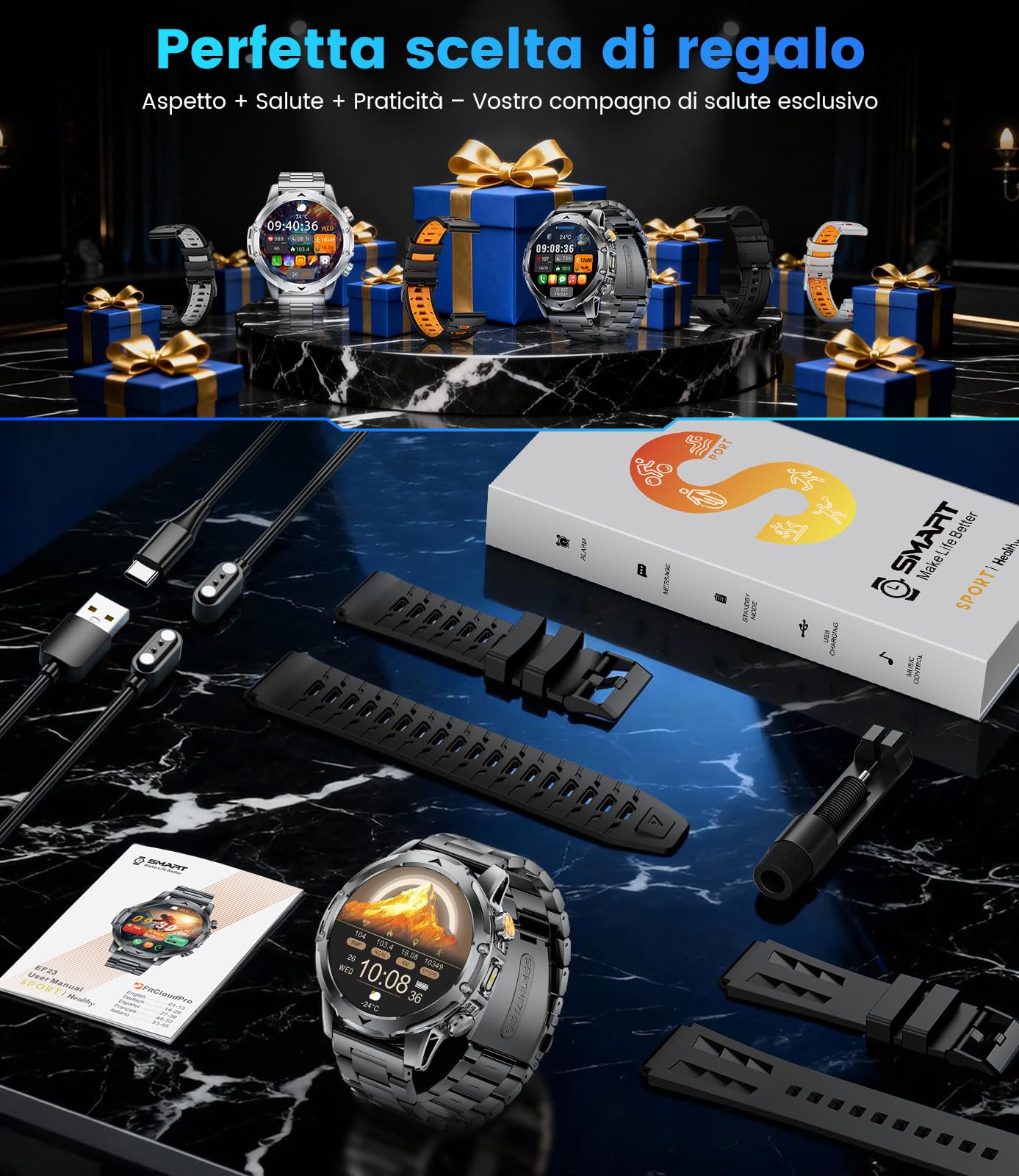 Smartwatch Uomo Militare con 1000mAh/Torcia LED/2 Cinghie, 1.53"HD Smart Watch Orologio con Chiamate, 120+ Modalità Sportive, Cardiofrequenzimetro Sonno, IP68 Smart Watch per Android iOS Nero