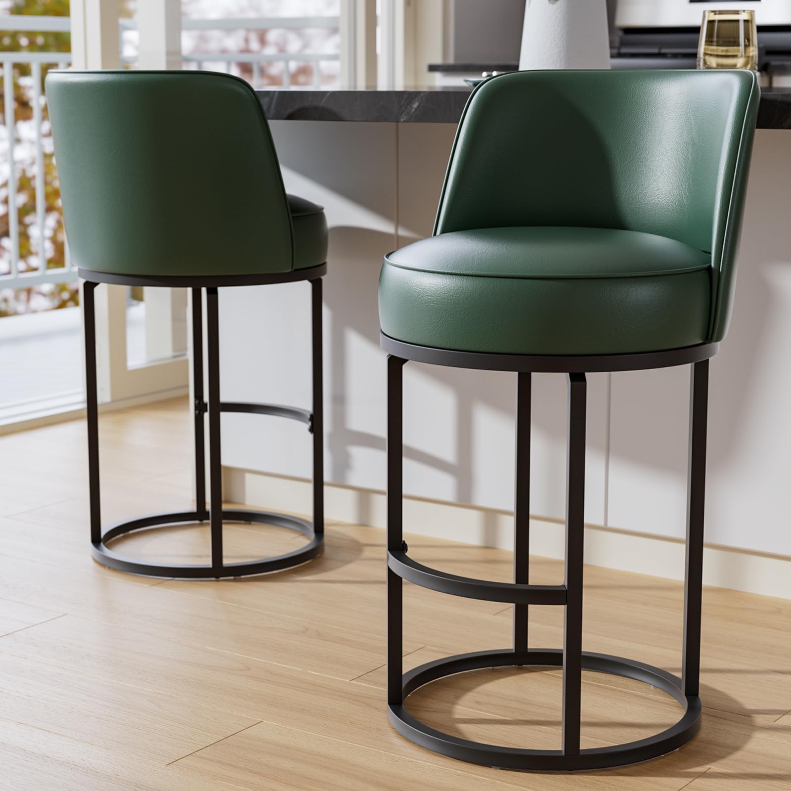 26" Green Counter Height Bar Stools Set of 2, Anti-Pinch Swivel | Round Base with Metal Frame, 4.7" Thick Seat, Easy-Clean Faux Leather, Comfy Back, Barstools for Kitchen Island, Home Bar