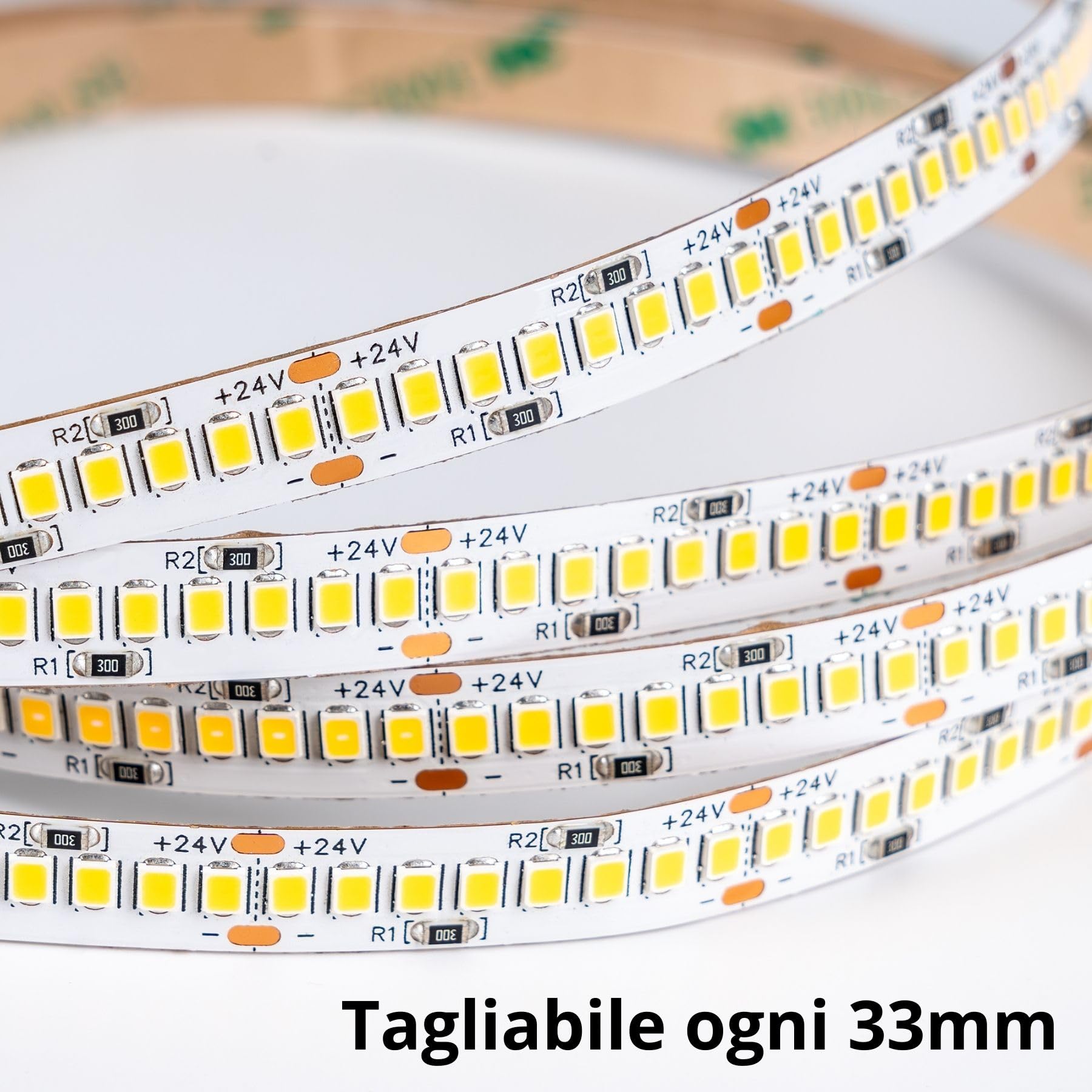 Striscia LED 24V 5 Metri, SMD 2835 240 LED/m, Bianco Caldo 3000K, 24W/m 4000LM/m, Super Luminosità 160LM/W, CRI>80 IP20, Larghezza 10mm Taglio 33mm, Dimmerabile PWM