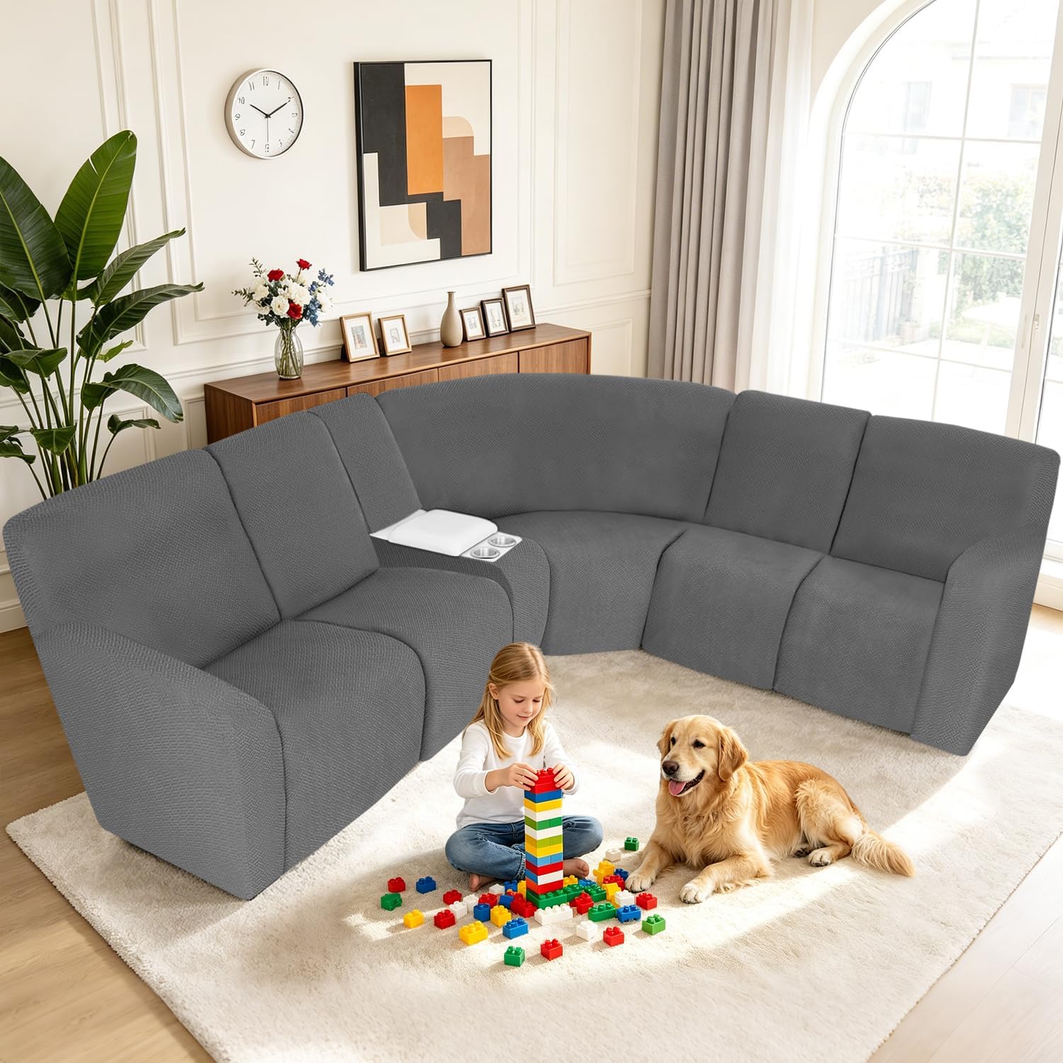 ALIECOM 100% Waterproof Recliner Sectional Couch Covers L Shape Stretch Reclining Sectional Sofa Cover Washable Recliner Slipcover for Dog Pet (5 Seat and 1 Console, Neutral Gray)