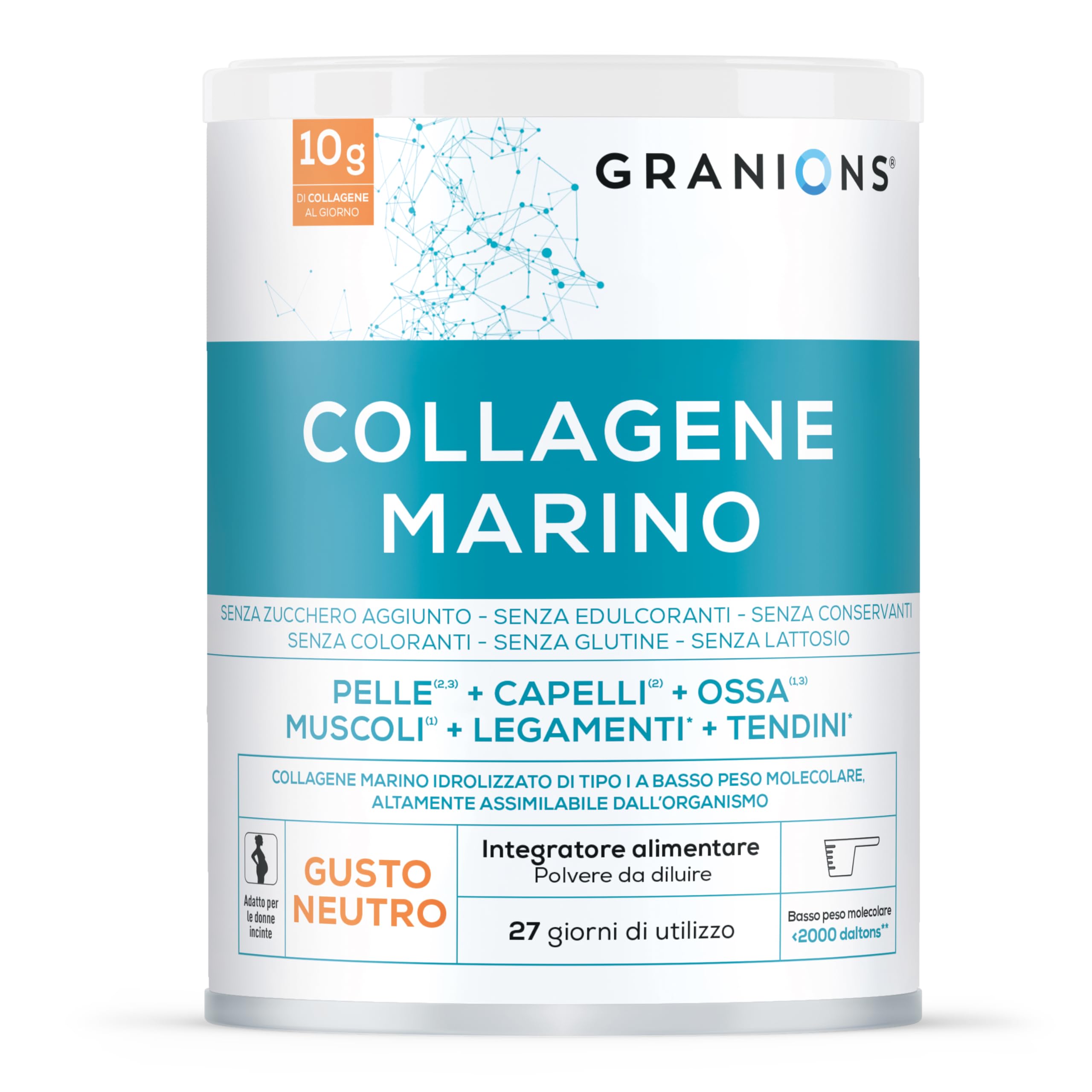GRANIONS Collagene Marino Idrolizzato Tipo I in Polvere | 10 g al Giorno | Vitamina C Naturale da Acerola | Pelle, Capelli, Ossa, Muscoli | Gusto Neutro | 278 g | 27 Giorni