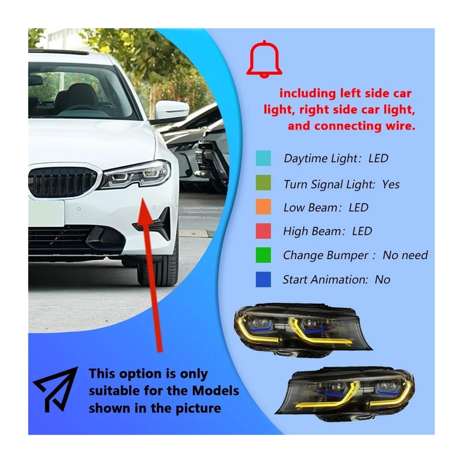 Fari Anteriori per BMW Serie 3 G20 G28 320I 325I 330I 2019-2022, aggiornamento con Lente proiettore DRL Gialla, Accessori per Auto.