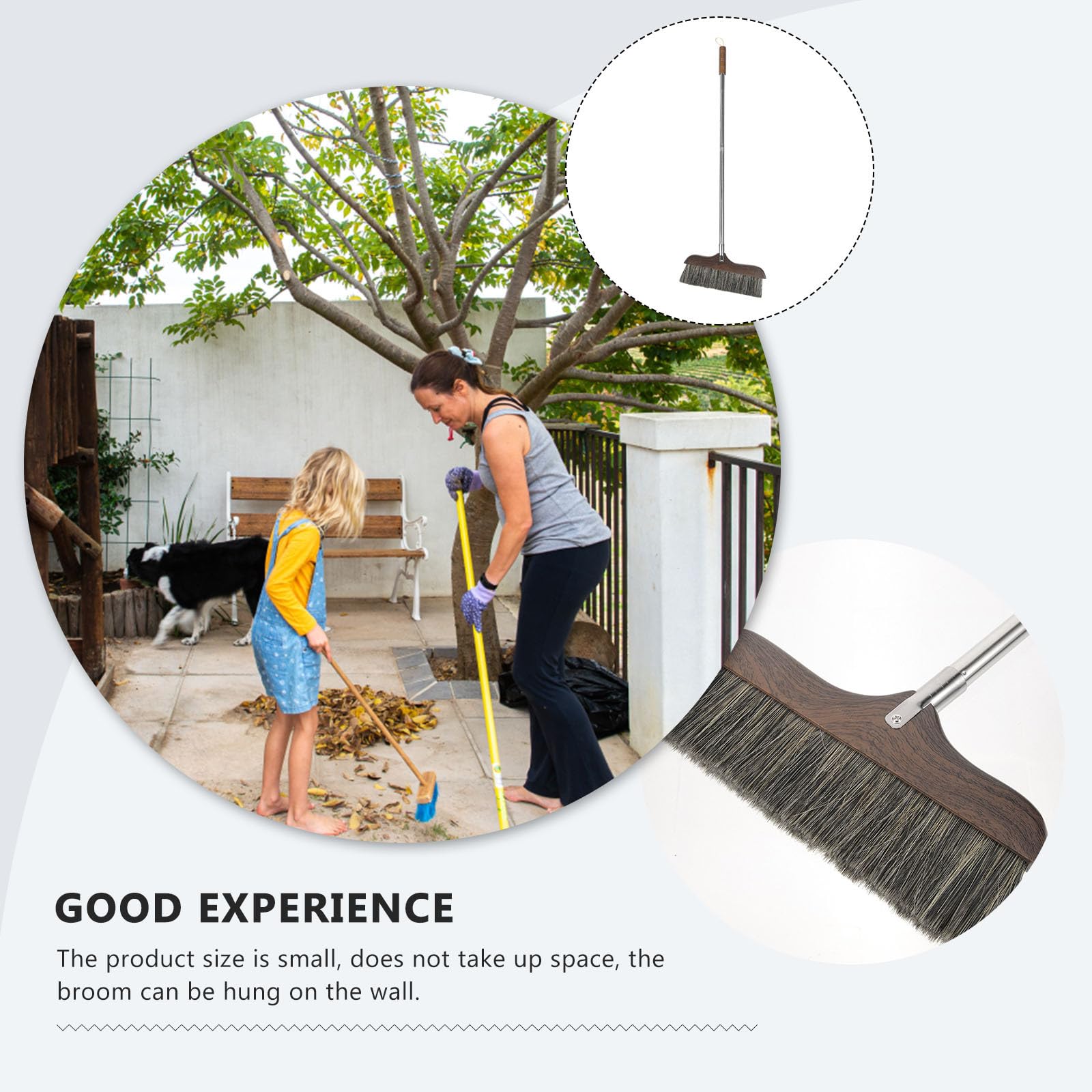 Escoba Mango Cerdas de Limpieza de Madera Largo para Suelo | Negro, Cerdas Biseladas y Lado Plano, Acero Inoxidable y Plástico, Orificio para Colgar