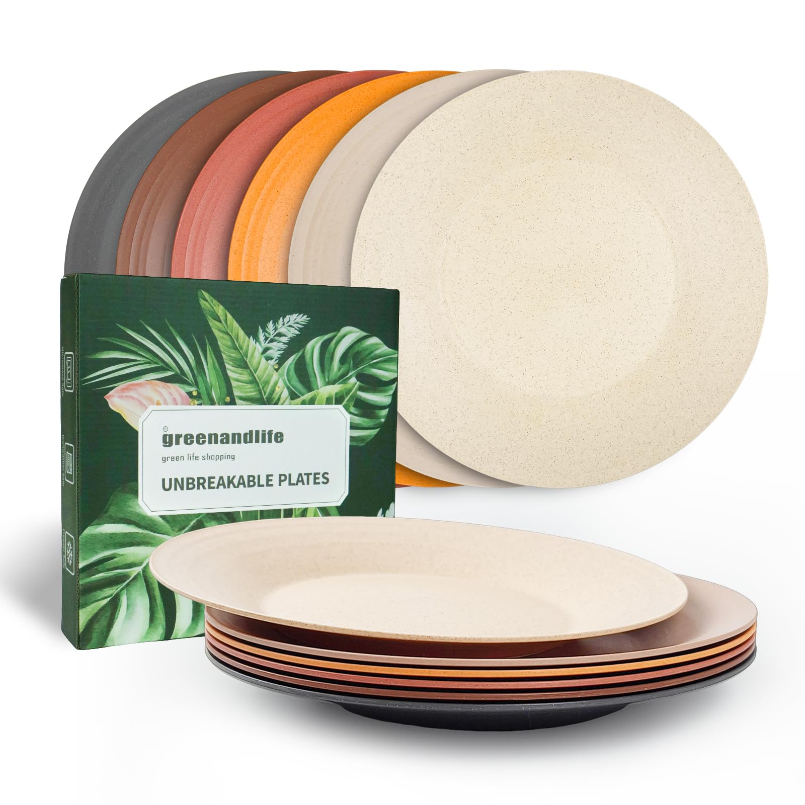 greenandlife 10inch/6pcs Dishwasher & Microwave Safe Wheat Straw Plates, Alternative for Plastic Plates, Lightweight Reusable Unbreakable Dinner
