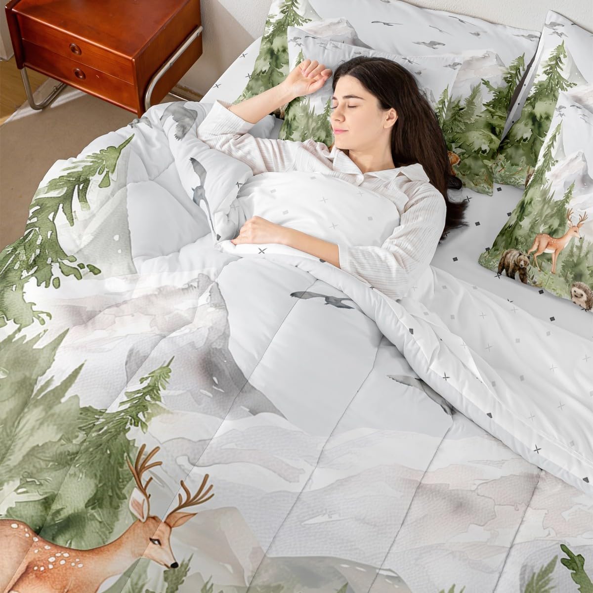 Erosebridal Giant Mountain Forest 7 Piece Comforter Set Twin Woodland Deer Bear Hedgehog Birds Bedding Set Jungle Wild Animal Pine Trees Comforter Wildlife Hunting Botanical Sheets for Kids Boys