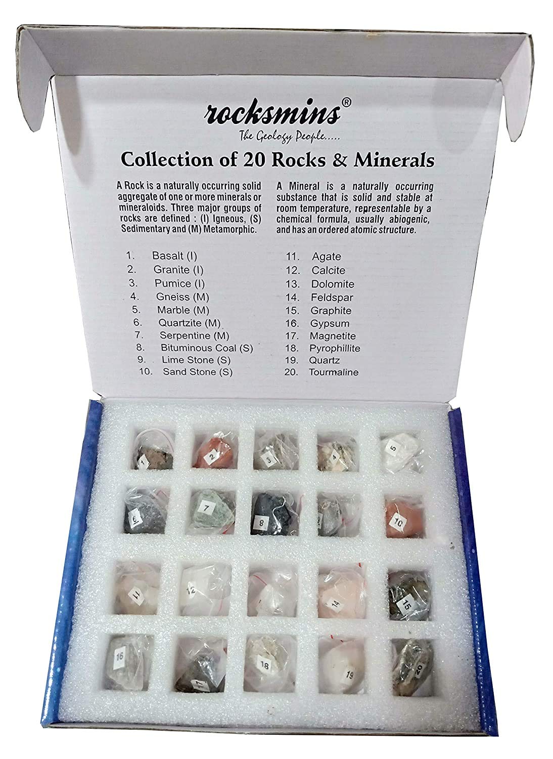 Rocksmins Set of 20 Handpicked Rocks and Minerals Specimens in Storage Tray With Beautiful Color Box - Educational Science Kit for School