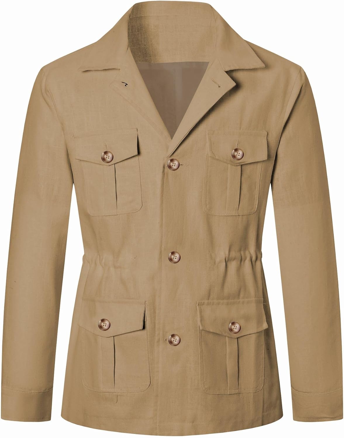 Betusline Men's Safari Linen Jacket Casual Long Sleeve Military Lightweight Cargo Jacket with Pockets