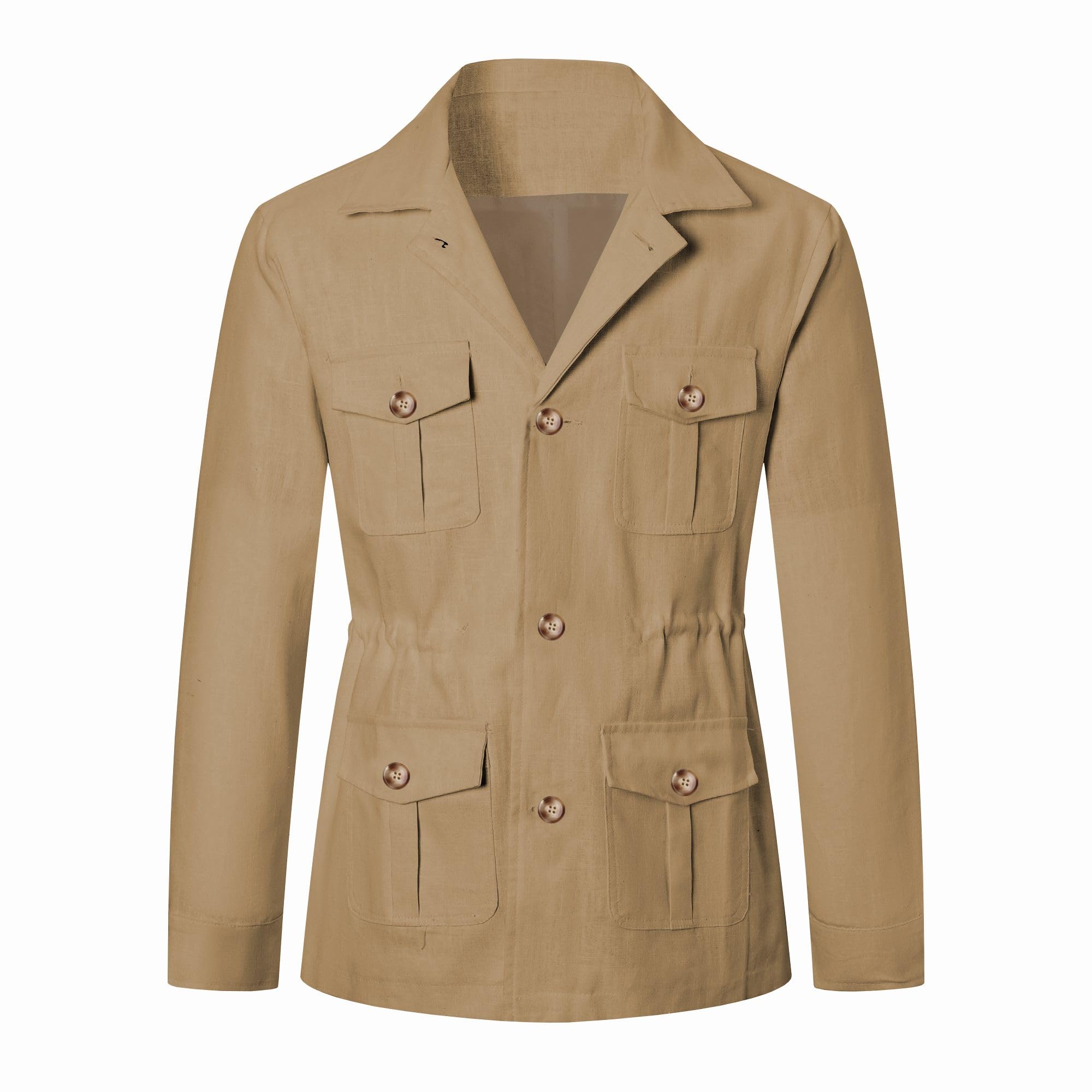 Betusline Men's Safari Linen Long Sleeve Military Cargo Jacket