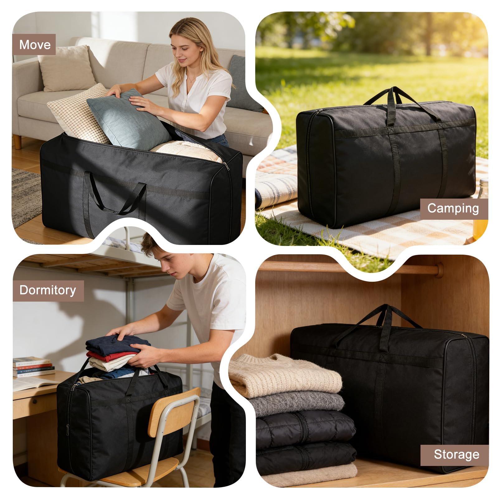 4 sacchetti da 210 l, grandi tasche per trasloco con cerniera e manici, borsa per il trasporto in tessuto Oxford per vestiti, copriletti, biancheria da letto, ideale per trasloco, campeggio e