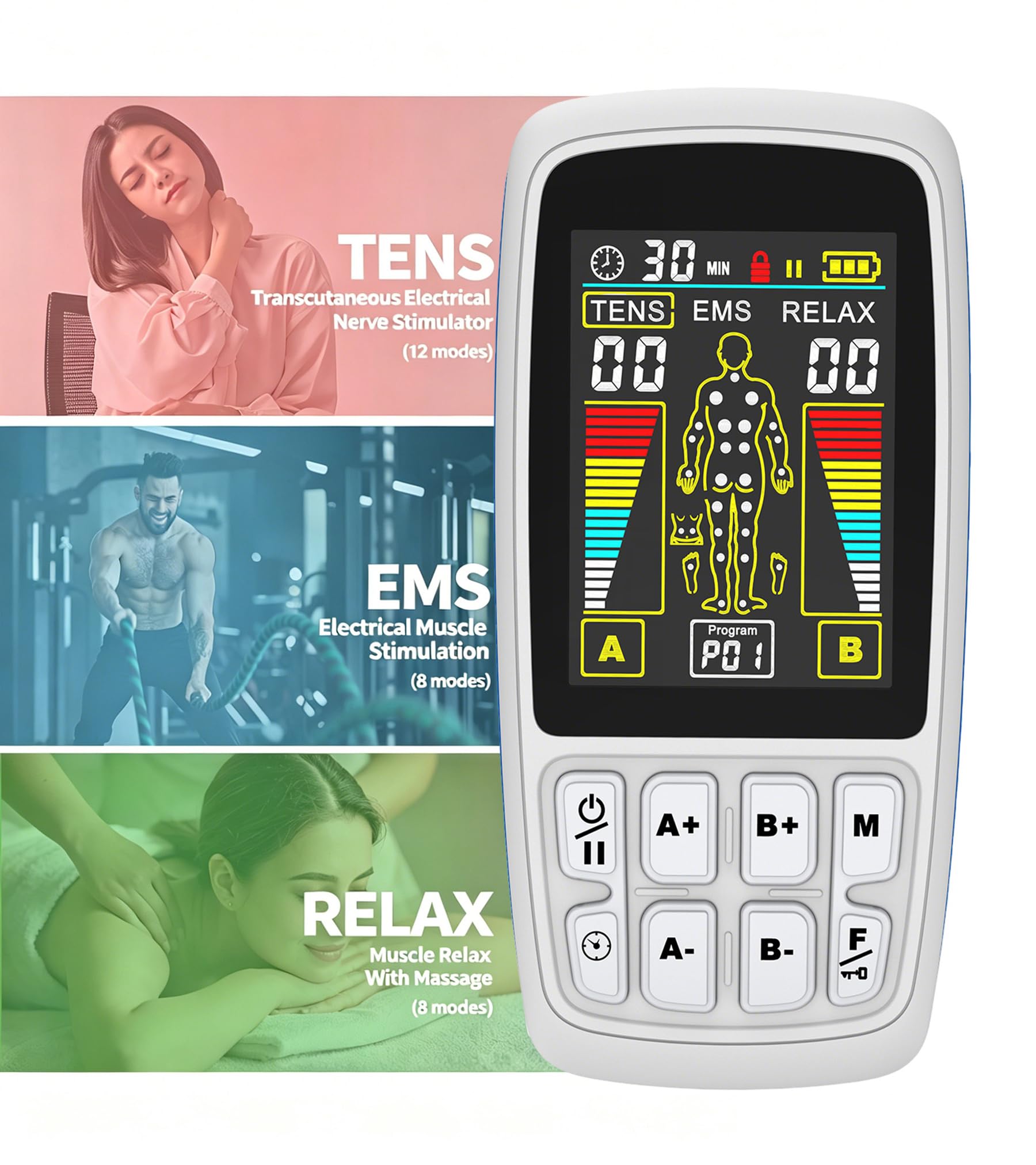 TENS Unit EMS Muscle Stimulator, 3-in-1 Dual Channel Electronic Pulse TENS Machine with Clear LCD Screen, 28 Modes Rechargeable Pain Relief Machine for Back, Sciatica, Neck, Knee & Muscle Soreness — Amazon image 2