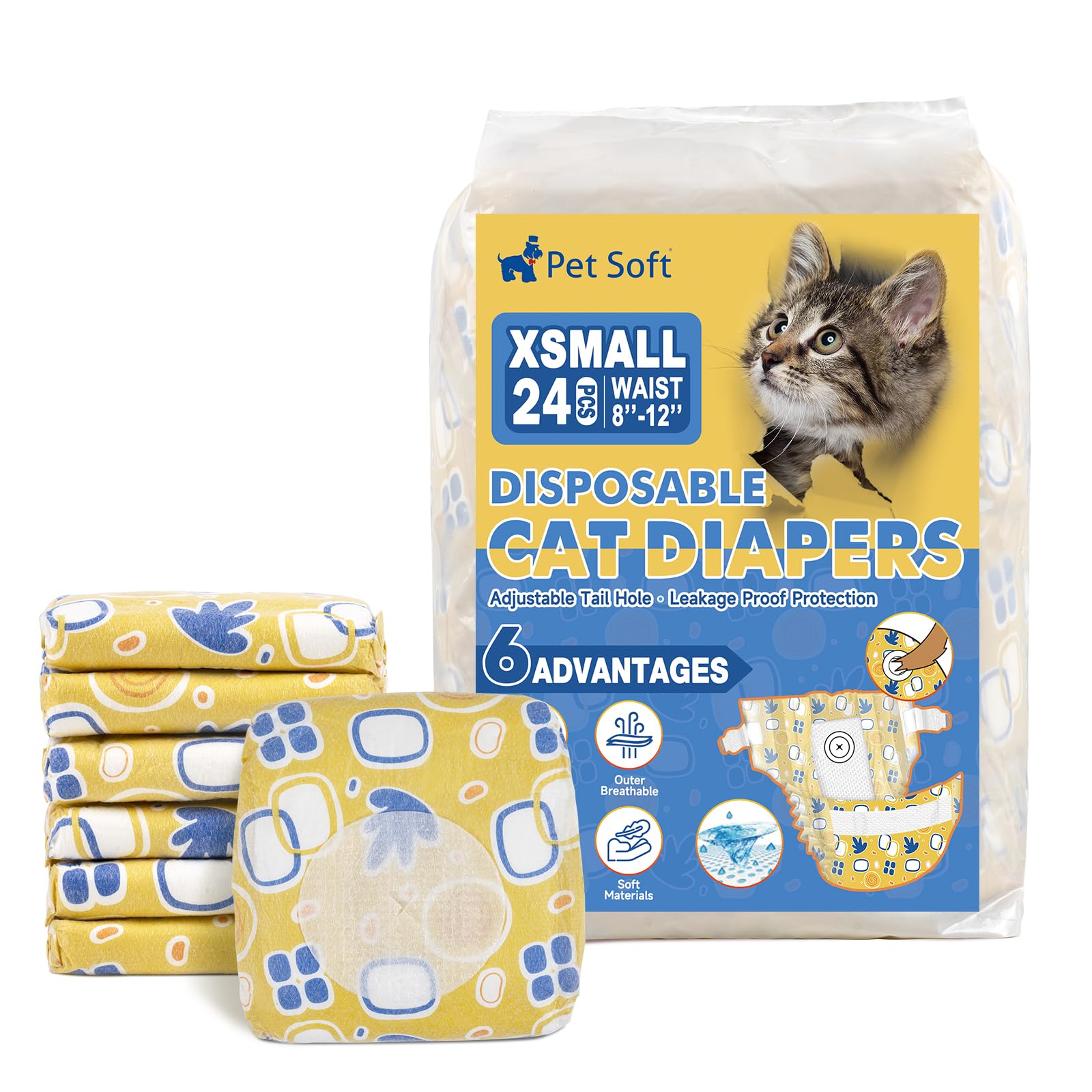 Photo 1 of Pet Soft Disposable Cat Diapers - Diaper for Female & Male Cats, Puppy Doggie Diapers for Female Dogs with Adjustable Foam Tail Hole, X-Small (24Pcs, Yellow)